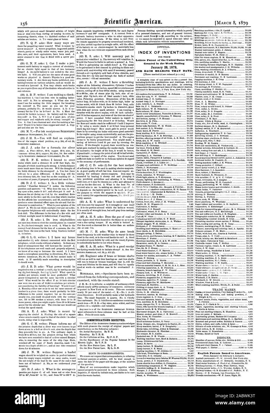 Indice delle invenzioni inglese i brevetti rilasciati per gli americani., Scientific American, 1879-03-08 Foto Stock