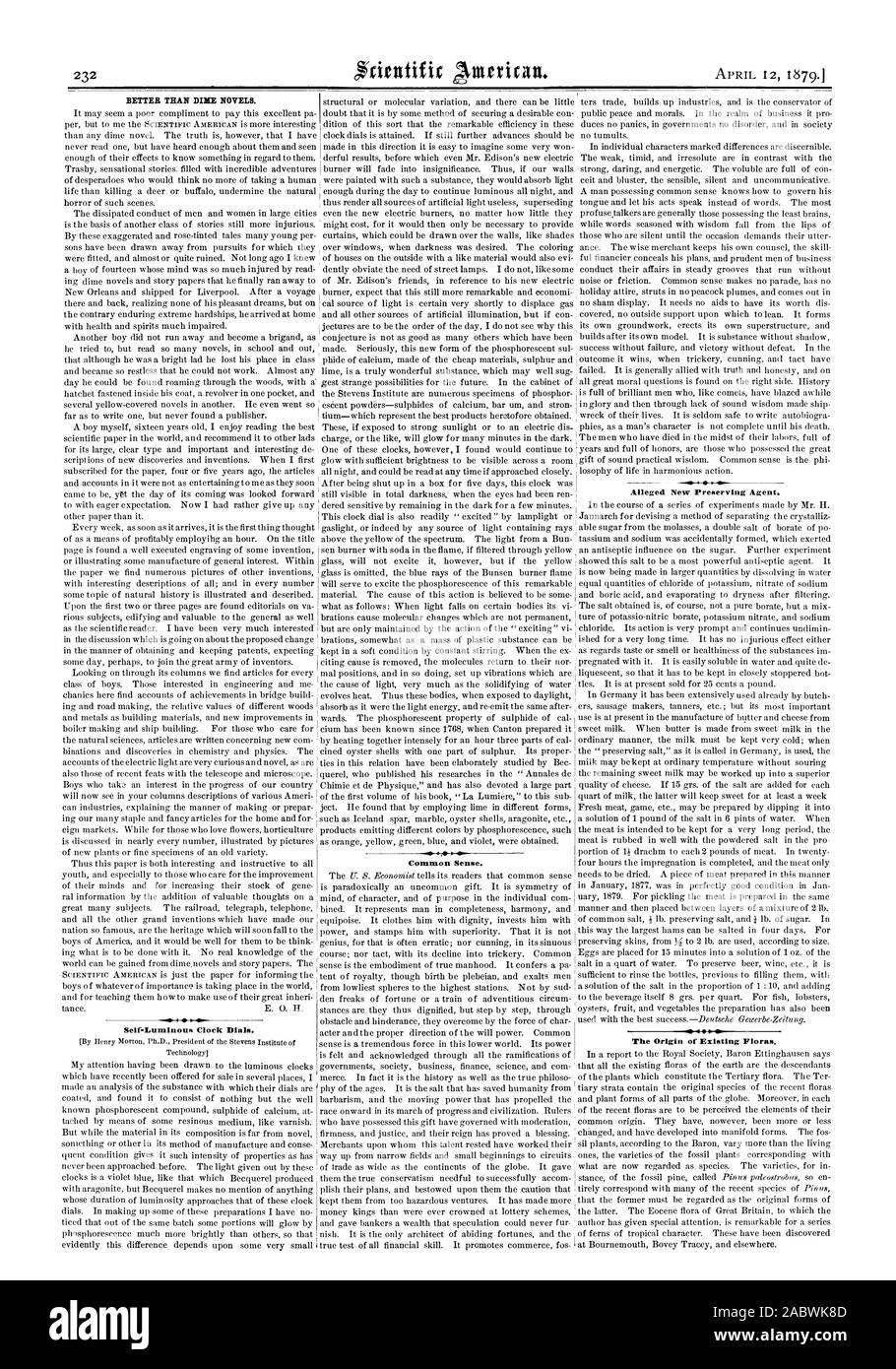 Il senso comune. Meglio di cenare romanzi. Orologio Self-Luminous quadranti. Nuovo presunto agente di conservazione. L'origine di Flore esistente., Scientific American, 1879-04-12 Foto Stock