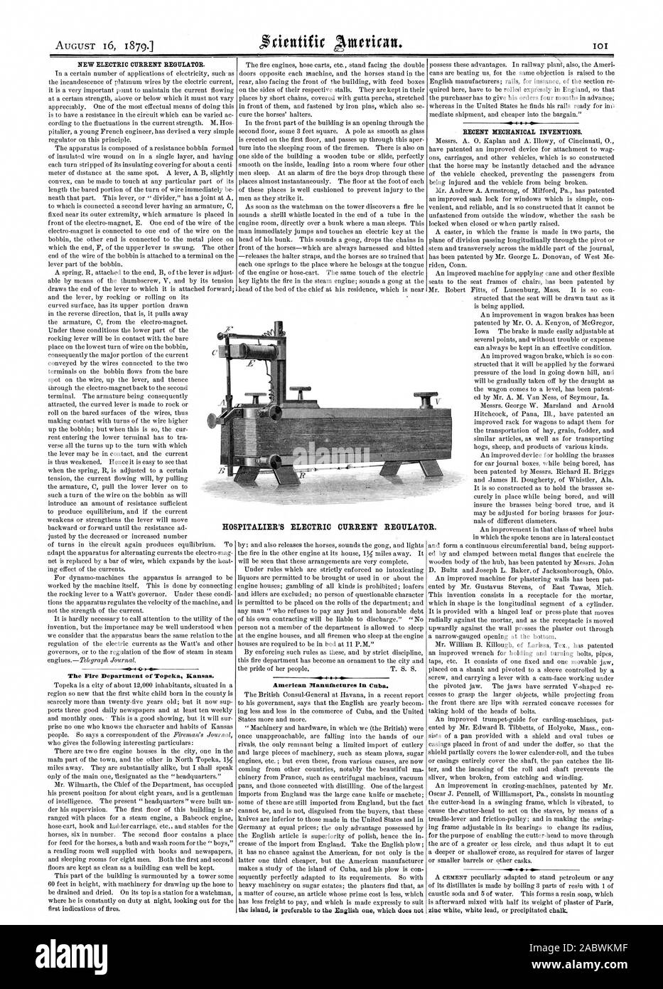 Elettrico nuovo regolatore di corrente. Il Dipartimento dei Vigili del Fuoco di Topeka nel Kansas. Produttori Americani a Cuba. Recenti invenzioni meccaniche. HOSPITALIER ELETTRICO DEL REGOLATORE DI CORRENTE., Scientific American, 1879-08-16 Foto Stock