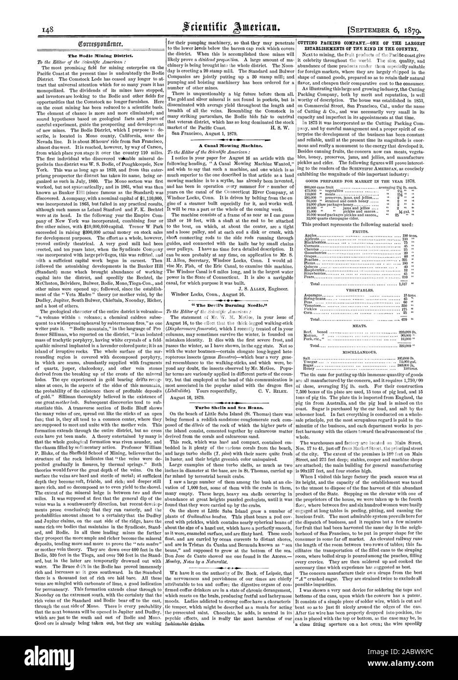 Il Bodie distretto minerario. Un canale di macchina di aratura. 41I P 4 " del diavolo rammendo ago." TAGLIO COMPANYONE imballaggio dei più grandi stabilimenti di questo tipo nel paese., Scientific American, 1879-09-06 Foto Stock