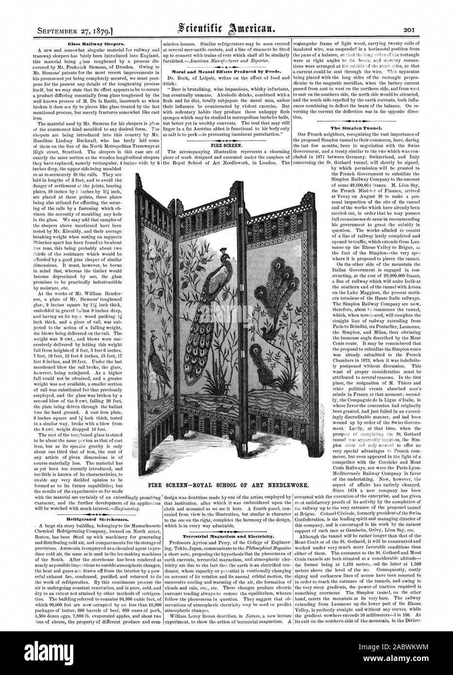 Bicchiere di traversine ferroviarie. Magazzini frigoriferi. Il magnetismo terrestre e dell'elettricità. La galleria del Sempione. Morale e gli effetti mentali prodotte dagli alimenti. Schermata di fuoco. FIRE SCREEN-Scuola Reale di Arte di cucito., Scientific American, 1879-09-27 Foto Stock