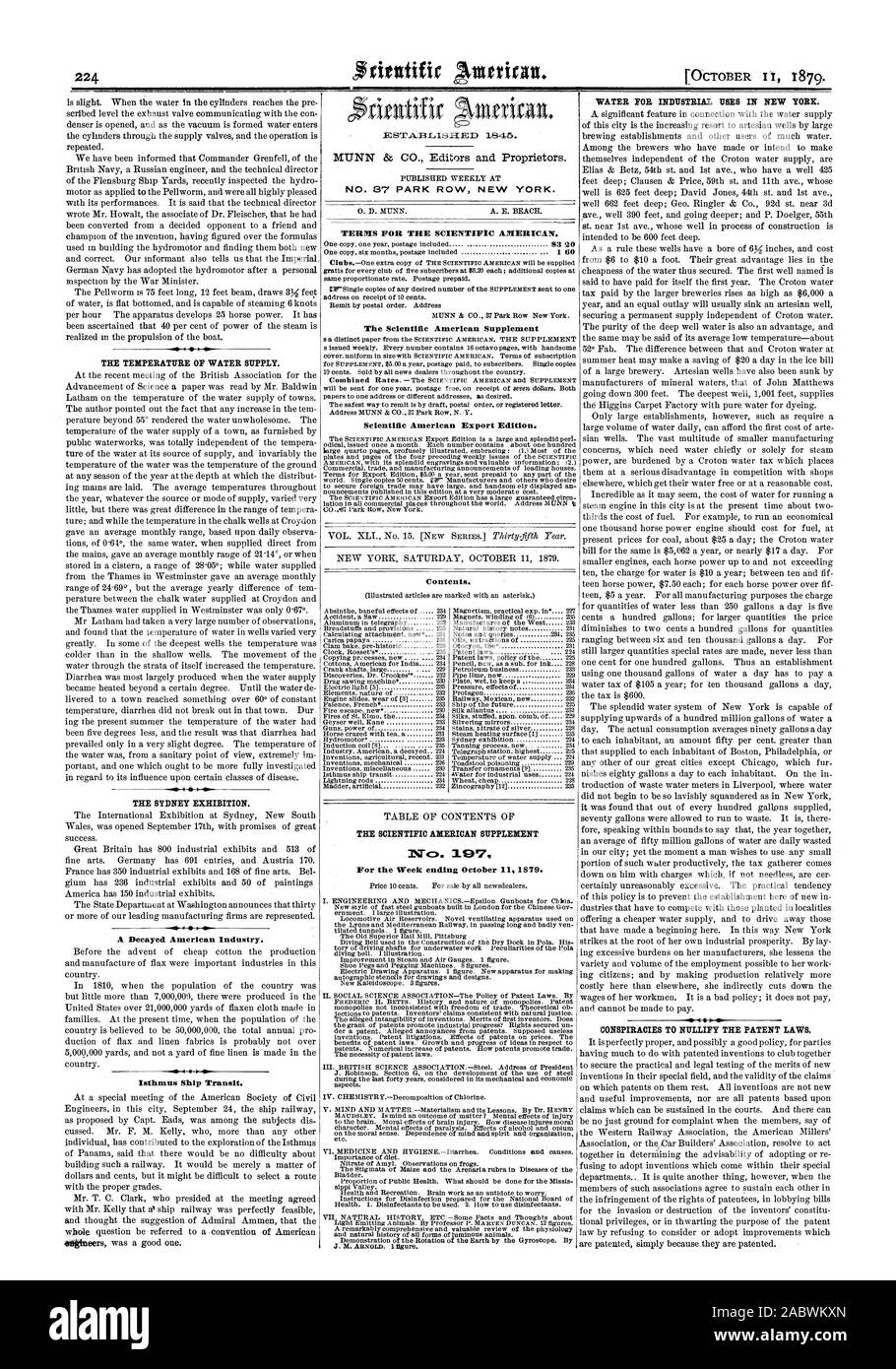 La temperatura di alimentazione dell'acqua. La mostra di Sydney. A Cariati industria americana. Nave di istmo di transito. N° 87 PARK ROW NEW YORK. Termini per la Scientific American. Il Scientific American Supplement Scientific American edizione di esportazione. Contenuto. Il Scientific American SUPPLEMENT Nc). 197 per il fine settimana di ottobre 1879. Acqua PER USI INDUSTRIALI A NEW YORK. Cospirazioni di annullare le leggi sui brevetti., 1879-10-11 Foto Stock