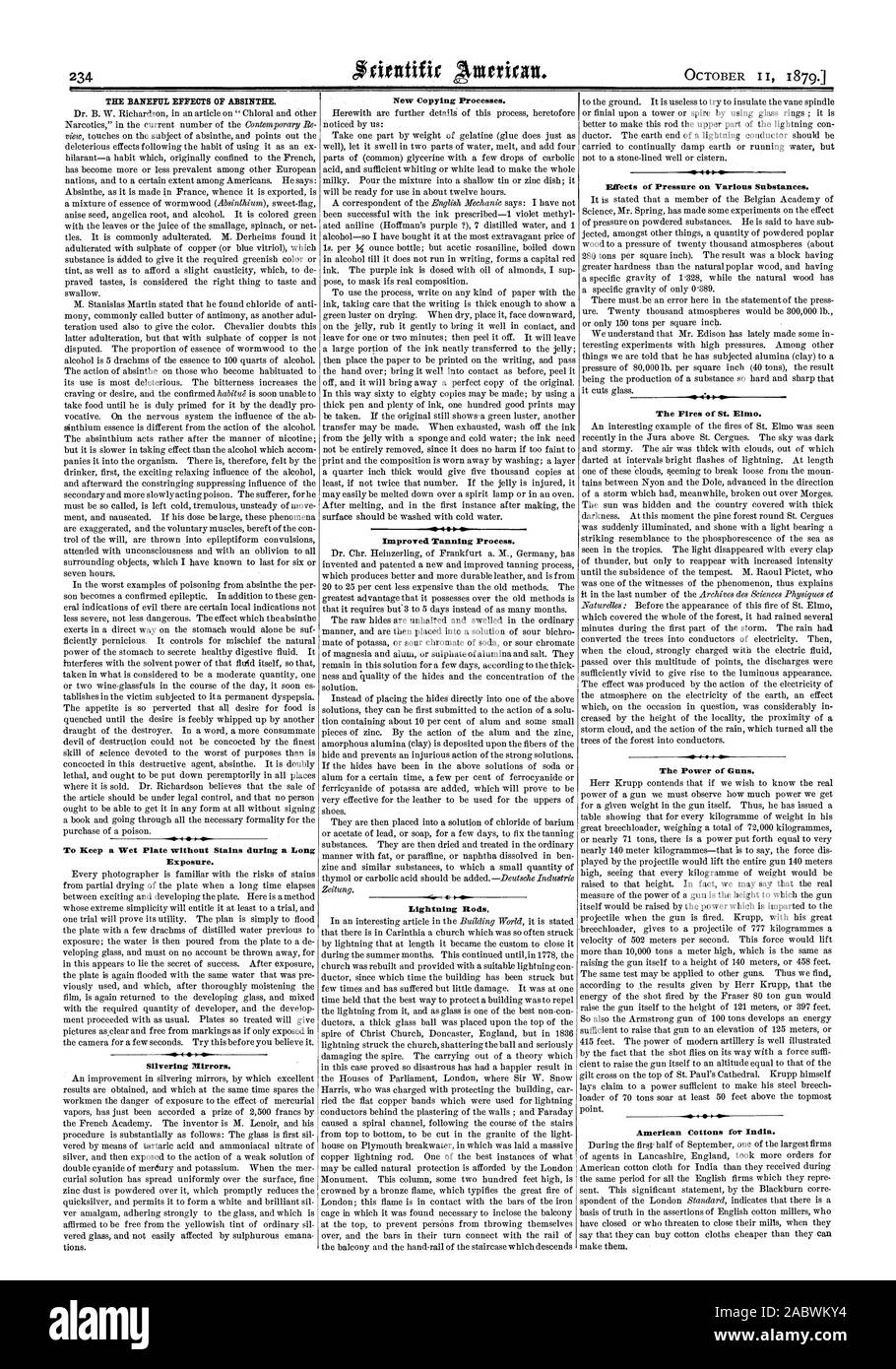 Dalle conseguenze nefaste di assenzio. Per mantenere una piastra umida senza macchie durante una lunga esposizione. L'argentatura specchi. Ho 4 migliorato processo di concia. Aste parafulmine. I 4 4 0 Effetti della pressione su varie sostanze. I fuochi di Sant Elmo. La potenza delle armi da fuoco. Cotoni americani per l'India., Scientific American, 1879-1 Foto Stock