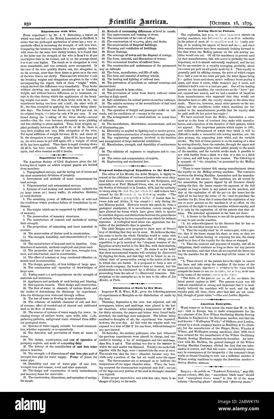 Gli esperimenti con il filo. Suggerimenti per la discussione. Proposta di Aram °logical spedizione in Mar Rosso. Disinfezione di mails con calore secco. Macchina per cucire i brevetti. American Enterprise., Scientific American, 1879-10-11 Foto Stock