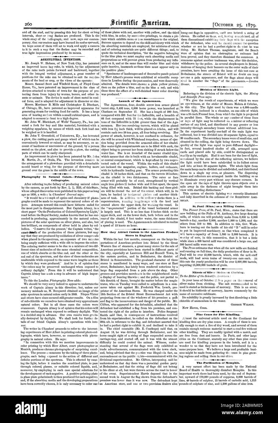 Invenzioni agricoli. La fotografia in naturale Collographs ColorsPrinting. Il modo di attirare personalizzato per l'Americano produrre memorizza in Inghilterra. 41.4 Divisione della luce elettrica. San Paolo (Minn.) come un Centro di fresatura. Il nitrato di argento macchie sugli abiti. 41 Pigne per accendere il fuoco. La purificazione di Memphis. Lancio di Agamennone., Scientific American, 1879-10-25 Foto Stock