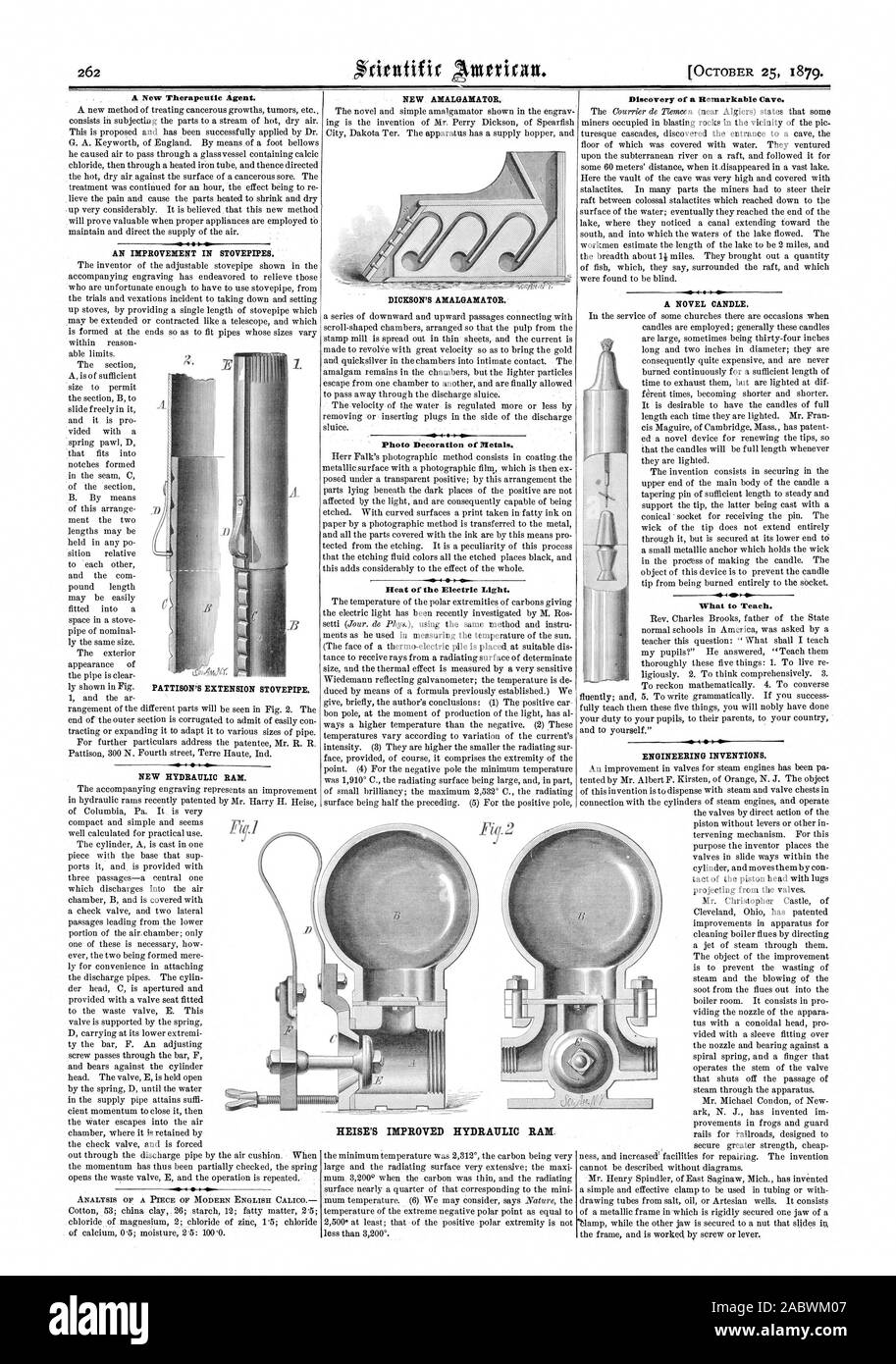 Un nuovo agente terapeutico. Un miglioramento IN STOVEPIPES. Nuovo cilindro idraulico nuovo AMALGAMATOR. DICKSON'S AMALGAMATOR. 00 1 0 0 la Photo decorazione dei metalli. Il calore della luce elettrica. HEISE MIGLIORATA DEL MARTINETTO IDRAULICO. La scoperta di una singolare grotta. Cosa insegnare. Invenzioni di ingegneria. 4Sitn PATTISON estensione del tubo da stufa., Scientific American, 1879-10-25 Foto Stock