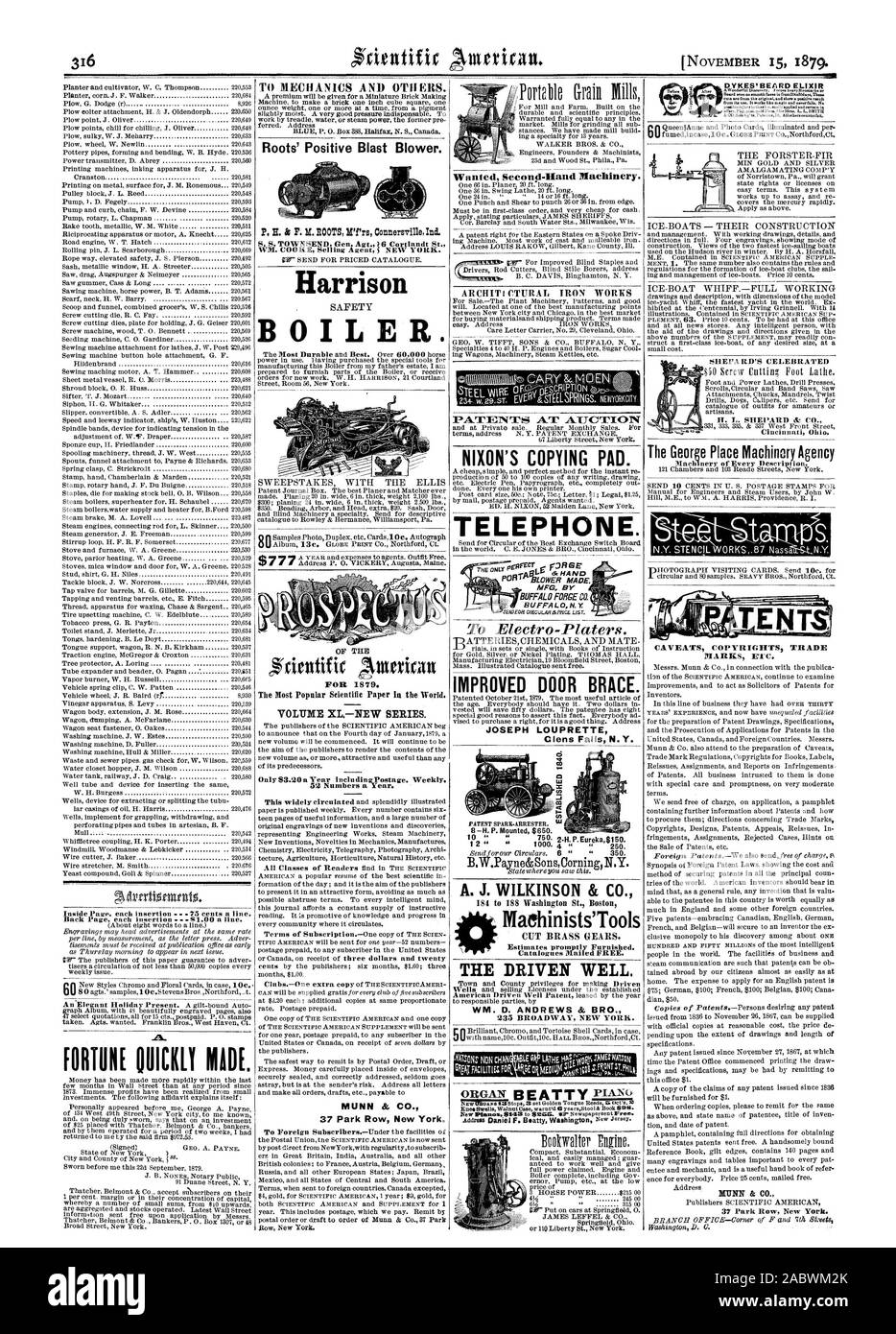 FORTUNE OUICIal realizzato. Radici' positivo ventilatore Blast. Harrison caldaia di sicurezza. Concorso a premi con l'Ellis per 1879. Il più popolare carta scientifici nel mondo. VOLUME XL-NUOVA SERIE. MUNN & CO. Brevetti al telefono di aste. -Li il guidato bene. WM. D. ANDREWS & BRO. Migliorato il rinforzo della porta. Giuseppe LOUPRETTE A. J. WILKINSON & CO. 184 a 188 Washington St Boston NIXON DI RIPRODUZIONE PAD AVVERTENZE Copyright MARCHI CEE. !LUNN & CO., Scientific American, 1879-11-15 Foto Stock