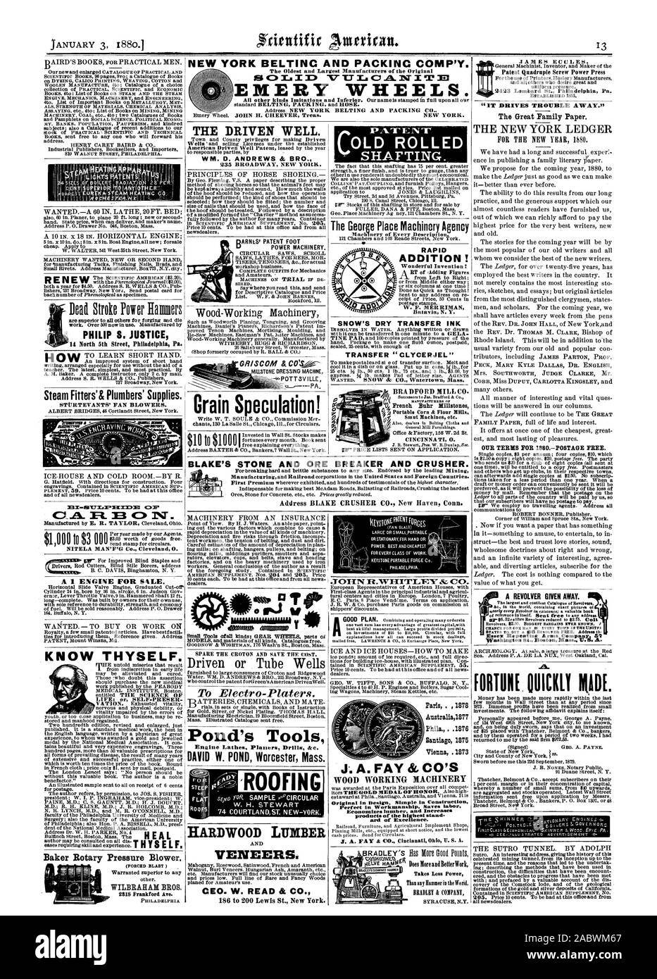 1873 J. A. FAY & CO di legno Macchinari di lavoro originale in design semplice in costruzione perfetta in lavorazione. Risparmia manodopera Economizes legname e aumenta ard di eccellenza. .Una fortuna rapidamente RIDE. Possibilità per un uomo IN OGNI CITTÀ DI TFIEUNITFI un revolver dato di distanza. ' BLAKE DELLA PIETRA E minerale e interruttore frantumatore., Scientific American, 1880-01-03 Foto Stock