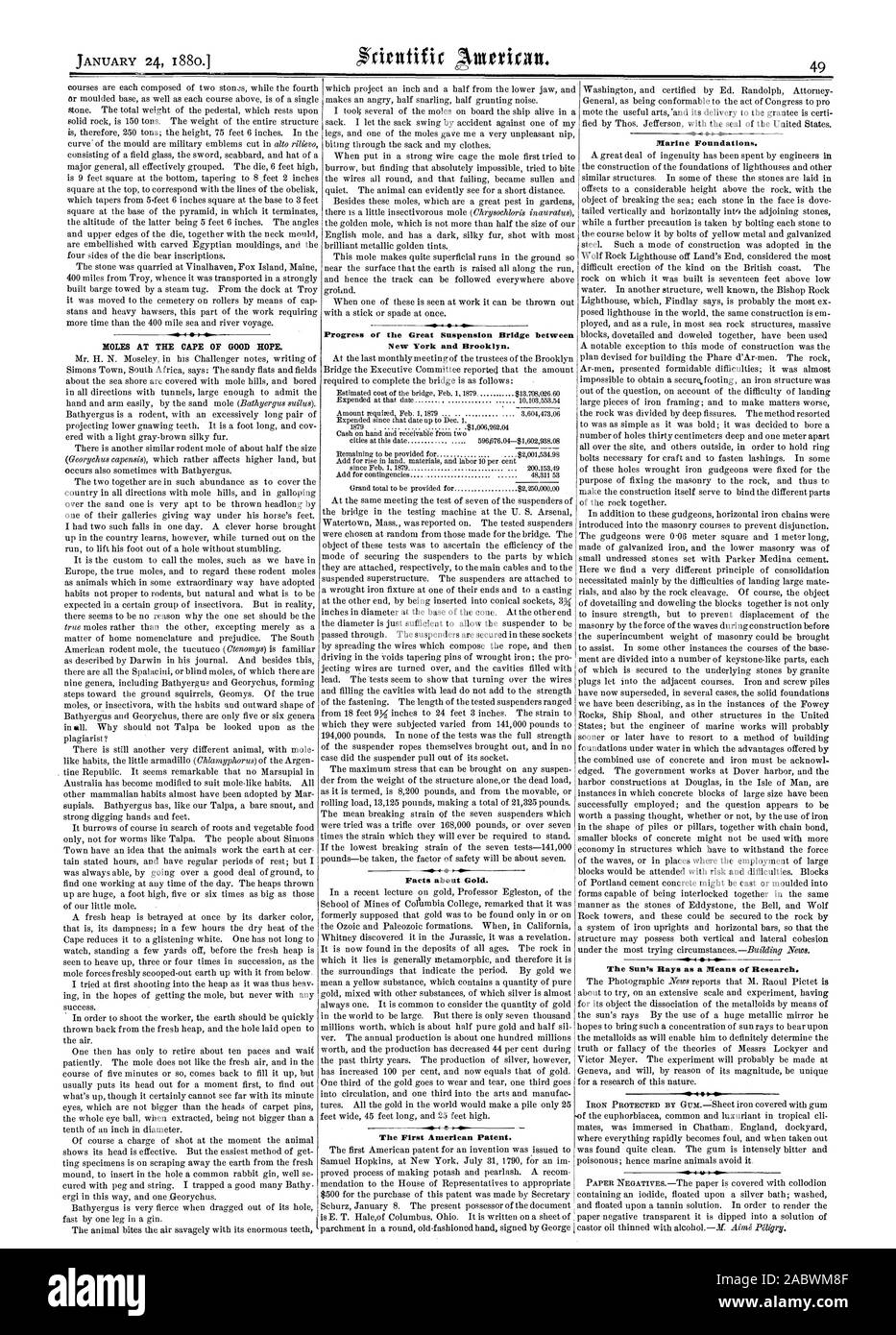 Moli presso il Capo di Buona Speranza. Progressi del grande ponte di sospensione tra New York e Brooklyn. Facts about oro. Il primo brevetto americano. Fondazioni Marine. I raggi del sole come un mezzo di ricerca., Scientific American, 1880-01-24 Foto Stock