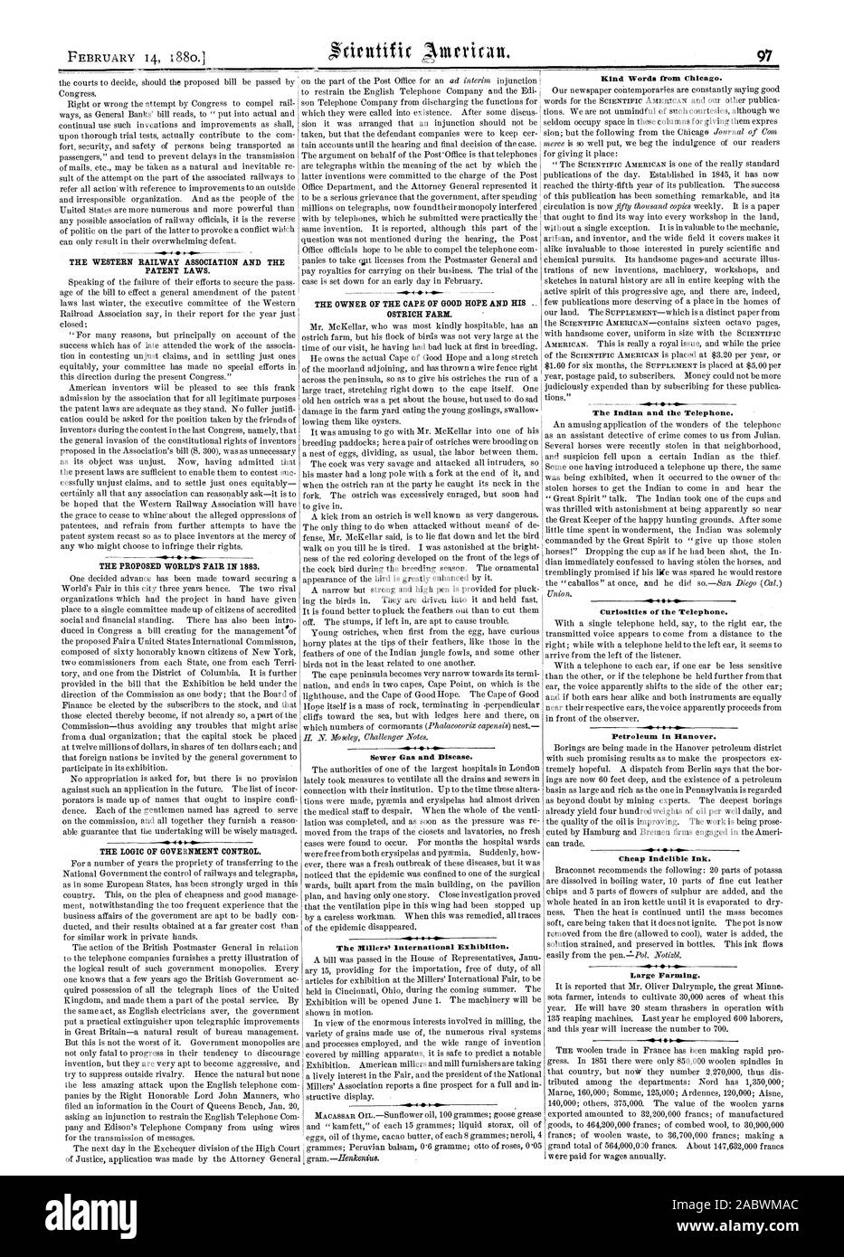 Il 14 febbraio 1880. La Western Railway Association e la normativa in materia di brevetti. La proposta della fiera del mondo nel 1883. La logica di controllo del governo. Il proprietario del Capo di Buona Speranza e la sua azienda di struzzi. L'indiano e il telefono. Il petrolio in Hannover. A buon mercato inchiostro indelebile. Allevamento di grandi dimensioni. Gas di fogna e di malattia. 444, Scientific American, 1880-02-14 Foto Stock