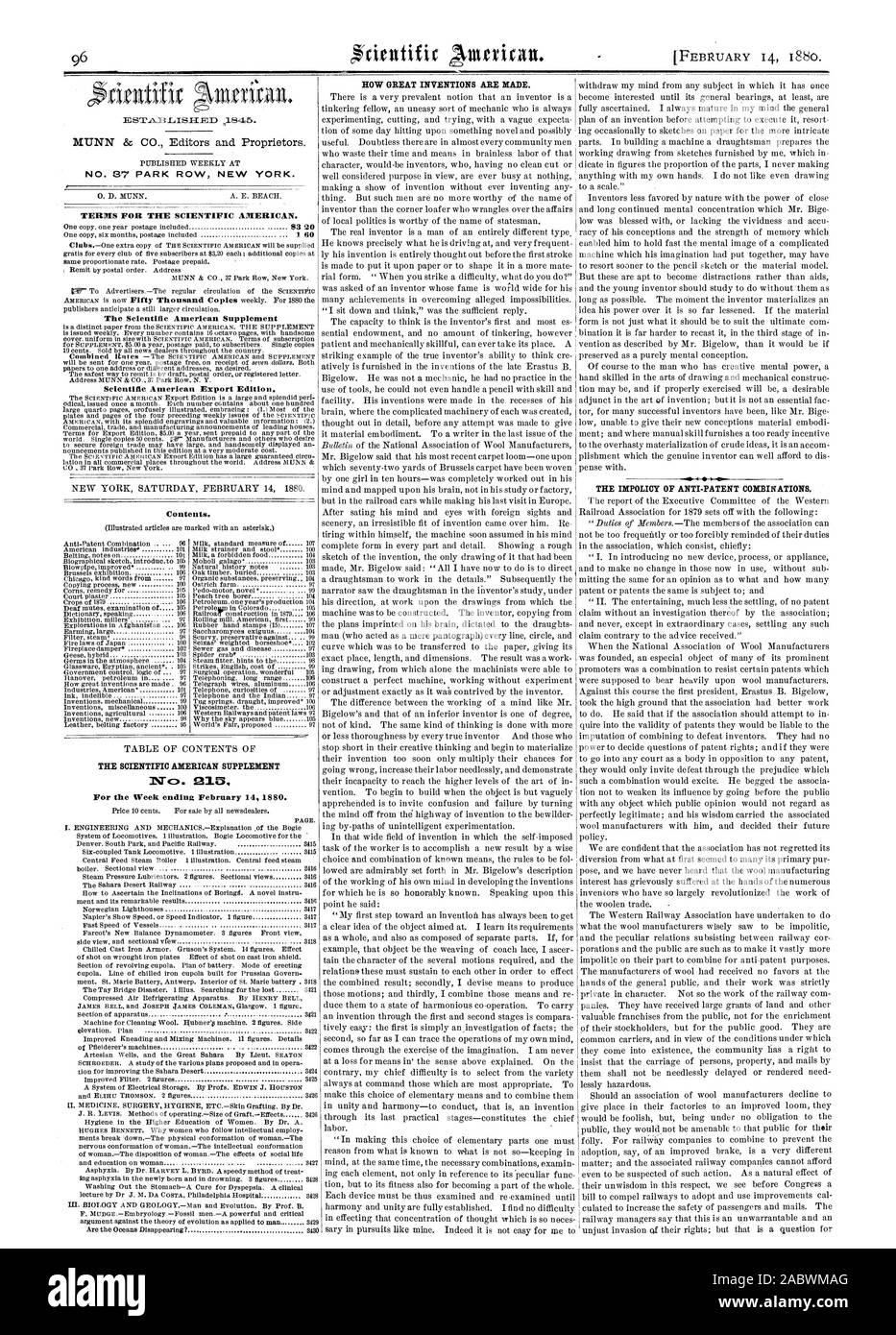 N° 37 PARK ROW NEW YORK. Termini per la Scientific American. Il Scientific American Supplement Scientific American edizione di esportazione. Contenuto. Il Scientific American supplement 1Tc:s. 215 per l'usura terminante a febbraio 14 1880. Come grandi invenzioni sono realizzati, 1880-02-14 Foto Stock