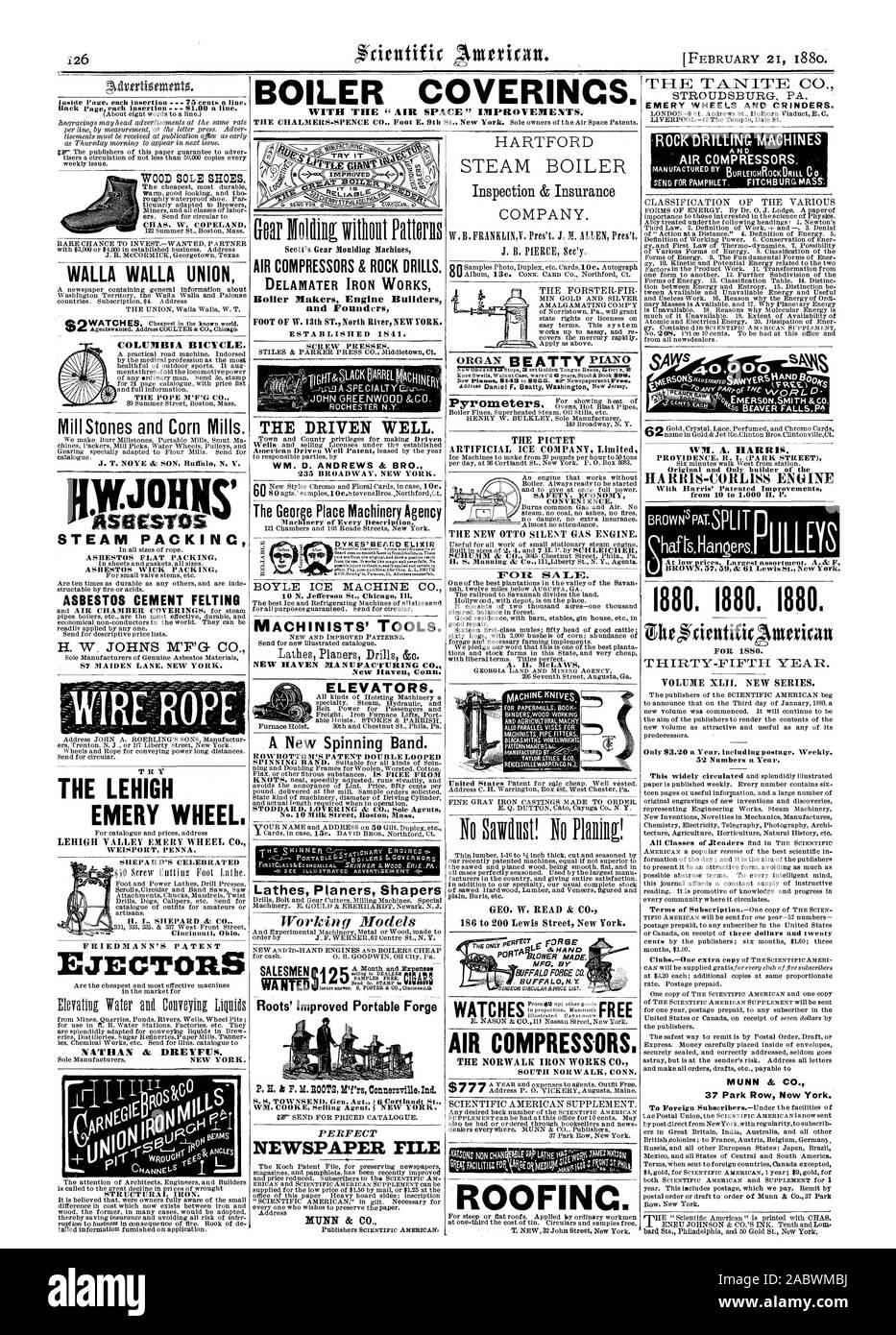 Rivestimenti di caldaia. Con il "AIR SPACE' miglioramenti. Mole smeriglio e rettificatrici. Compressori Aria inviare per opuscolo. FITCHBURG MASS. WM. A. HARRIS PROVVIDENZA R. I. (PARK STREET) originale e unica artefice del con Harris miglioramenti brevettato da 10 a 1000 H. P. FOIL 1880. Suola di legno scarpe. CHAS. W. COPELAND Walla Walla unione STEAMPACKING amianto guarnizione piana amianto stoppino imballaggio cemento amianto infeltrimento H. W. JOHNS M'F'G CO. 87 MAIDEN LANE NEW YORK. T R Y LA LEHIGH EMERY RUOTA. "LEHIGH VALLEY RUOTA SMERIGLIO CO. WEISPORT penna. FRIEDMANN DEL BREVETTO eiettore Nathan & Dreyfus. Ferro strutturale. Aria Foto Stock