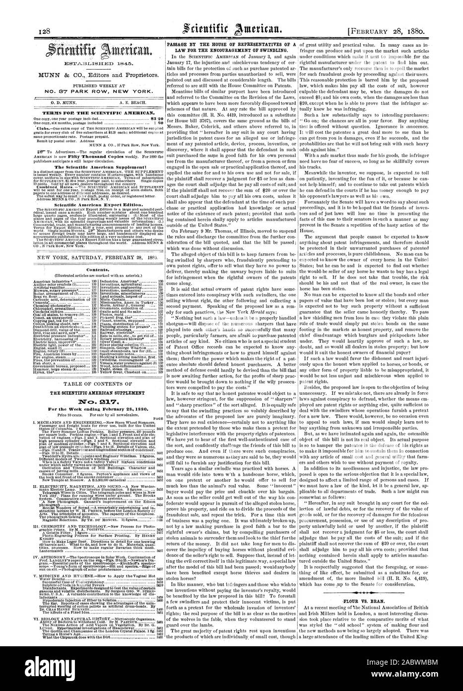 N° 87 PARK ROW NEW YORK. Termini per la Scientific American. Il Scientific American Supplementl Scientific American edizione di esportazione. Contenuto. Il Scientific American supplemento per il fine settimana di febbraio 28.1880. Legge per la promozione di truffa. .Farina VS. La crusca., 1880-02-28 Foto Stock