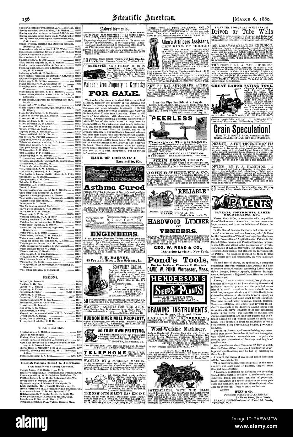 Brevetti inglesi bloccato per gli americani. Per la vendita. Louisville Ky. Allen artefici Assistant STE sono il motore economico. Legname di legno duro stagno di utensili motorizzati o pozzetti di tubo grande risparmio di manodopera attrezzo. Grano speculazione!!!! Avvertenze copyright etichetta 37 Park Row New York. L. '.-AkTOR s hma. Curate J. H. HARVEY Bookwalter motore. Sul fiume Hudson proprietà mulino a fare propria la stampa. Strumenti di disegno terreno mica. FIEHDERSOH S Catoloseue combinato dell' Peter Henderson & Co. "Responsabile, Scientific American, 1880-03-06 Foto Stock