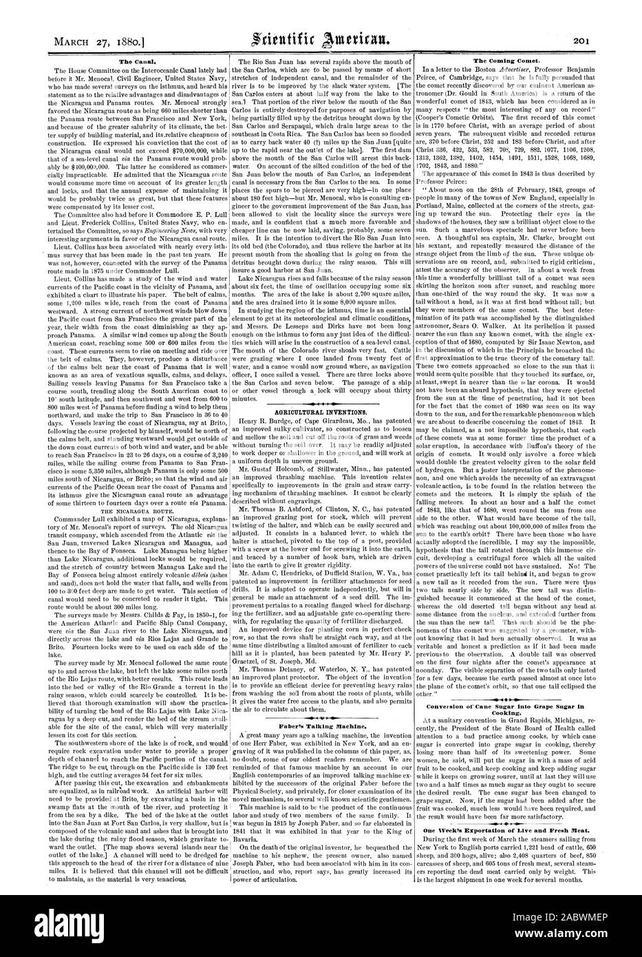 La Nicaragua rotta. Invenzioni agricoli. Faber sta parlando di macchina. La Venuta la cometa. La conversione della canna da zucchero in zucchero d'uva in cottura. Una settimana di esportazione dei vivi e carni fresche., Scientific American, 1880-03-27 Foto Stock