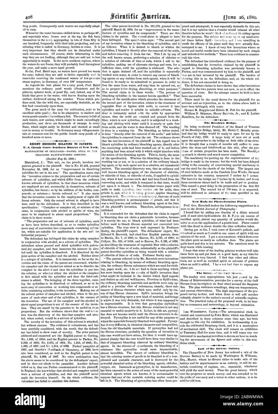 I recenti decisioni relative ai brevetti. V. S. Circuit Court-Southern District di New York. La celluloide Manufacturing Company. Il Ponte di Brooklyn. Nuova modalità per piastre Photo-Gelatine. Il sondaggio della Corrente del Golfo. Ultimo della Stevens batteria., Scientific American, 1880-06-26 Foto Stock