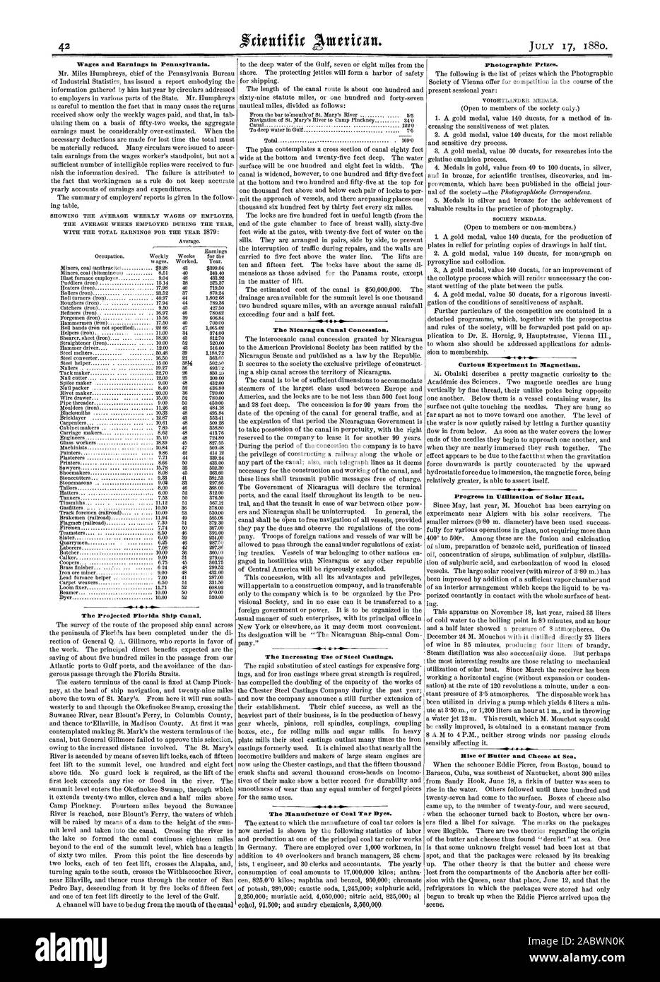 G Il Nicaragua Canal concessione. La fabbricazione del catrame di carbone coloranti. Il crescente utilizzo di getti di acciaio. Salari e retribuzioni in Pennsylvania. La proiezione di Florida nave Canal. Premi fotografici. Curioso esperimento per il magnetismo. I progressi compiuti in termini di utilizzo di calore solare. -4 C, Scientific American, 1880-07-11 Foto Stock