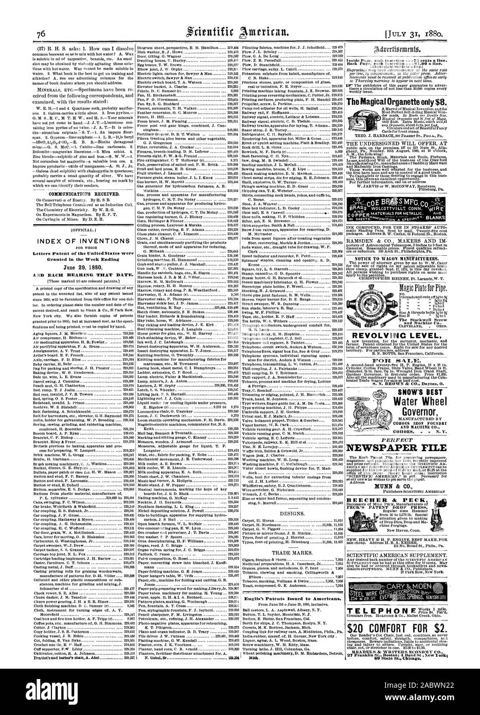 Comunicazioni ricevute. Indice delle invenzioni concessi nel fine settimana e ogni cuscinetto che data. Il Magico Organette solo $8. Avviso per i produttori di carro. La vite di Stockwell e 'Machine C LIVELLO GIREVOLE PER S FILE DI GIORNALE MUNN & CO. $20 Comfort per 2 dollari. 27 Franklin San Boston; 4 Bond St New York' BEECHER dr PECK PECK BREVETTO DELLA CADUTA DI NEVE STAMPA LA MIGLIORE ruota di acqua governatore COHOES FERRO FOU2.SECCO E MACHINE CO. Emilie' i brevetti rilasciati per gli americani., Scientific American, 1880-07-31 Foto Stock
