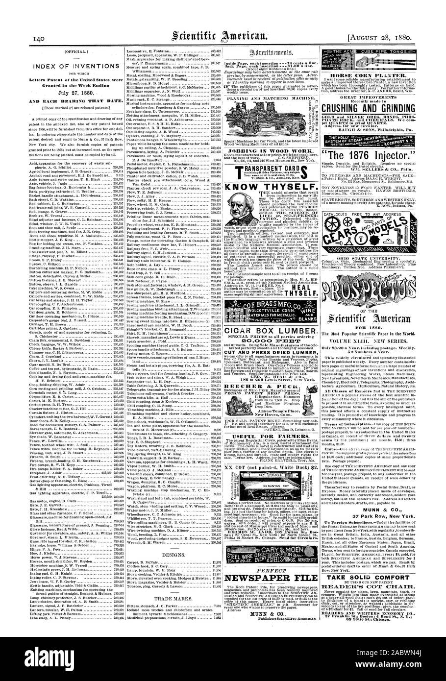 Indice delle invenzioni lettere di Brevetto degli Stati Uniti sono state concesse per il fine settimana di Luglio 27 1880 progetta. Marchi commerciali. Utile per gli agricoltori. ERIE PA. Del 5 2 numeri all'anno. Astuccio per sigari legname. Tagliare e premere il legname essiccato 1S6 a 200 Lewis street a New York. Cavallo piantatrice di mais. Recentemente realizzato nella frantumazione e macinazione di Pilato rock e sostanze chimiche. Noi cont. pel QI7ARTZ per macinare il quarzo. Il nolo' [Gazzetta.) 230517 all'interno di ciascuna pagina di inserzione - 7 centesimi una linea retro pagina ogni inserimento S1.00 una linea. .9 Le carte RANSPARENT R New Haven Coim. DIUNN & CO. MUNN & CO. 37 Park Row New York. Prendere solido EtEA COMFORT Foto Stock