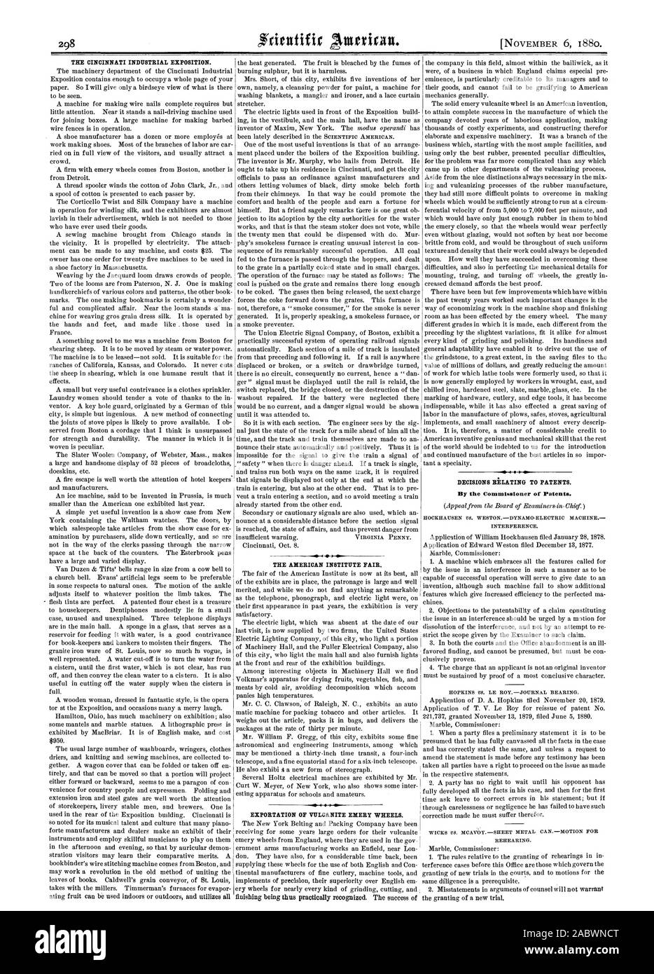 I Cincinnati esposizione industriale. 40 1 L'istituto americano fiera. Le decisioni relative ai brevetti. Dal Commissario dei Brevetti. Interferenza. REHEARING. Esportazione di ebanite mole smeriglio., Scientific American, 1880-11-11 Foto Stock