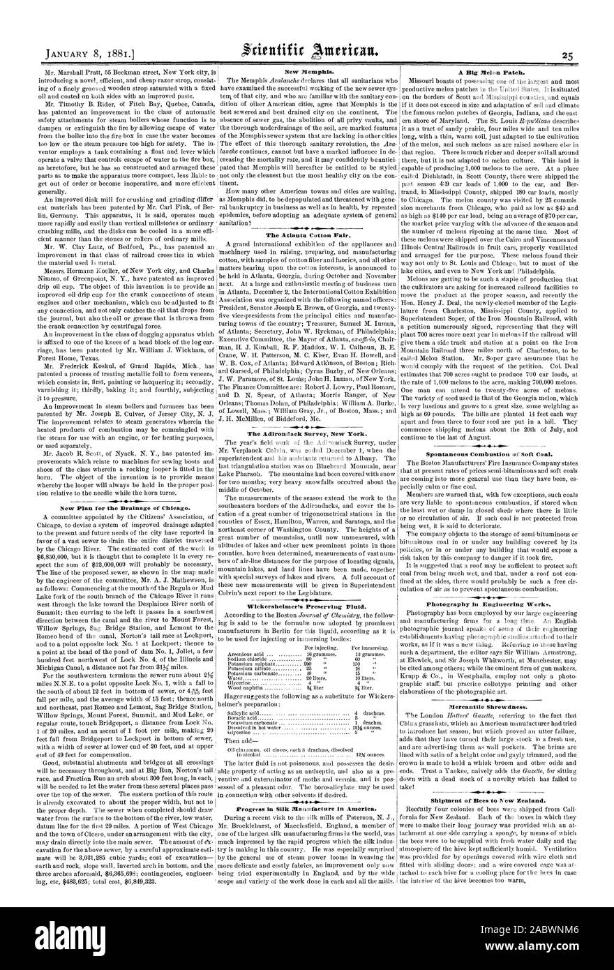 Il Atlanta Fiera di cotone. Il sondaggio Adirondack New York. Un nuovo piano per il drenaggio di Chicago. La fotografia in opere di ingegneria. Astuzia mercantile. La spedizione delle api per la Nuova Zelanda., Scientific American, 1881-01-08 Foto Stock