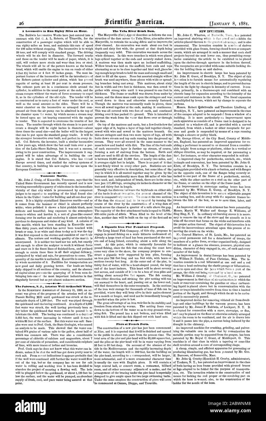 Una locomotiva per eseguire ottanta chilometri all'ora. Marmo Tennessee. Il fiume Yuba diga della spazzola. Un gigantesco ferro Pier Pound-net proposto. Piers in porti francesi. Le nuove invenzioni., Scientific American, 1881-01-11 Foto Stock
