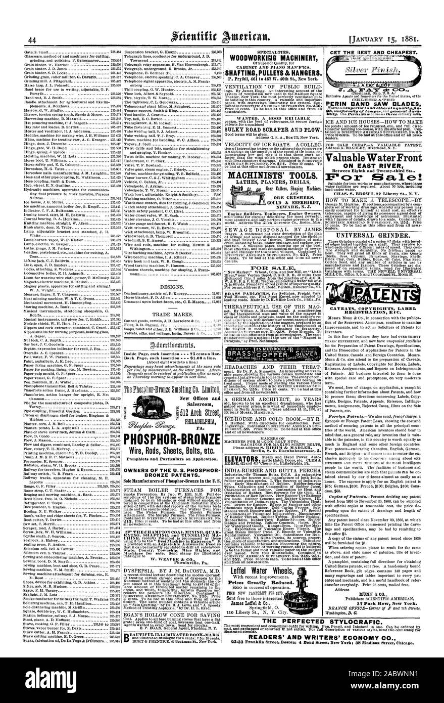 44 Salesroom IN BRONZO FOSFOROSO Vergelle fogli di bulloni, ecc. Gli opuscoli e le indicazioni dell'applicazione. I PROPRIETARI DI STATI UNITI Bronzo fosforoso brevetti. Macchinari per la lavorazione del legno di scopare pulegge & appendiabiti. Macchinisti di strumenti". I frantoi di minerale. NEWARK N. J. CET il migliore e più conveniente. Acqua preziosa anteriore sull'East River tra l ottavo e il ventitreesimo Sts. CHAS. S. BROWN '77 Liberty San N. Y. Rettificatrice universale. Avvertenze copyright registrazione ETICHETTA E CC. Indirizzo !DCIM &Co. Leffel Ruote di acqua prezzi notevolmente ridotti. La perfezionata STYLOCRAFIC. READERS' e scrittori" ECONOMIA CO. 25.33 Franklin Street Boston; 4 Bond Foto Stock