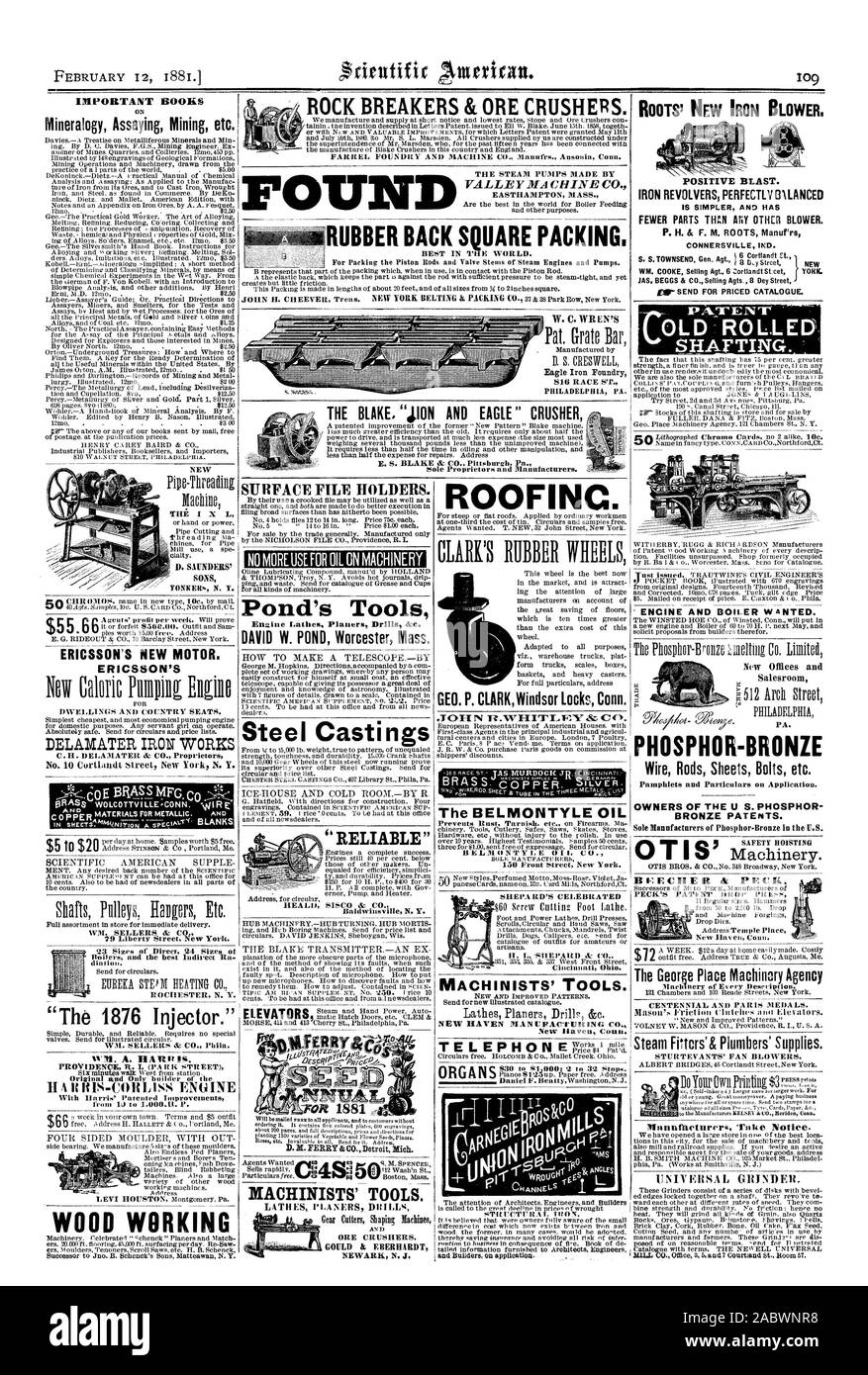 109 ROCK gli interruttori ed i frantoi di minerale. Importanti libri radici' NUOVO FERRO DA STIRO VENTILATORE. Mineralogia saggiando Mining etc. BLAST POSITIVO. Ferro da stiro rivoltelle perfettamente lLANCED un minor numero di parti rispetto a qualsiasi altra soffiante. NEWAS. BEGGS & CO. La vendita di Agts 8 Dey Street VALLEY MACHINE CO. Gomma posteriore la guarnizione a sezione quadrata. Il Blake. '410N E EAGLE CRUSHER D. SAUNDERS' figli superficie titolari FILE ROOFINC. Non più utilizzare per olio sul laghetto di macchine utensili della ' ENCINE CALDAIA E VOLUTO. 55.66 Torni Enaine Pialle Trapani dLe. DAVID W. POND Worcester messa. ERICSSON è di nuovo motore. ERICSSON È COME FARE UN TELESCOPEBY per .74:3 N FYN( C('). Acciaio Foto Stock