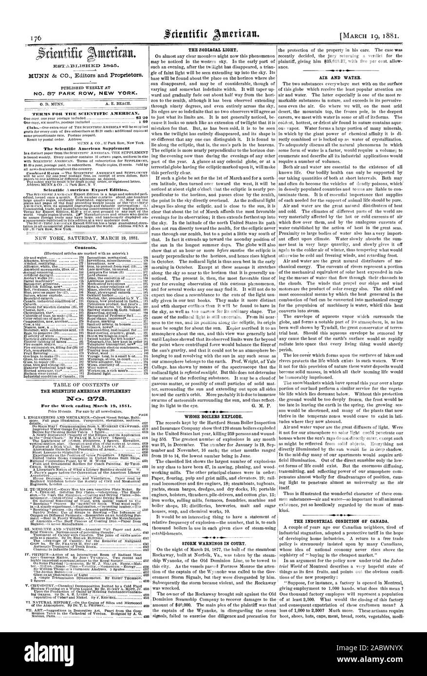 Fine settimana; Marzo 19. 1851. Moreau Paris 4258 cui caldaie esplodere. Avvisi di tempesta in tribunale. Aria e acqua. La condizione di industriali del Canada. La luce zodiacale., Scientific American, 1881-03-19 Foto Stock