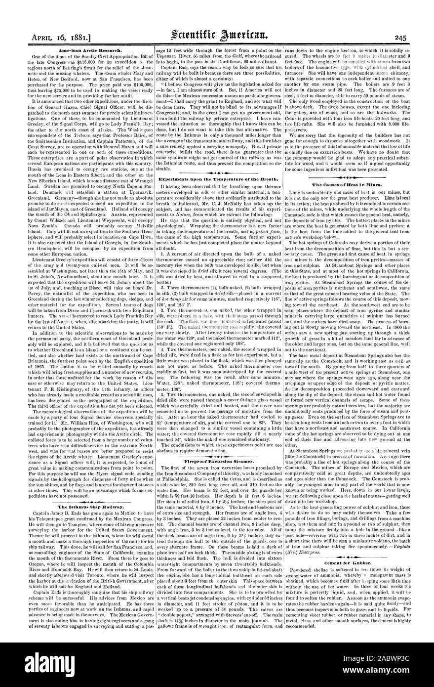 Ameelcan ricerca Artica. L'Istmo nave ferrovia. Gli esperimenti sulla temperatura del respiro. Escursione ignifughi sistema di cottura a vapore. T e provoca o f il calore nelle miniere. Cemento per Iubber., Scientific American, 1881-04-16 Foto Stock