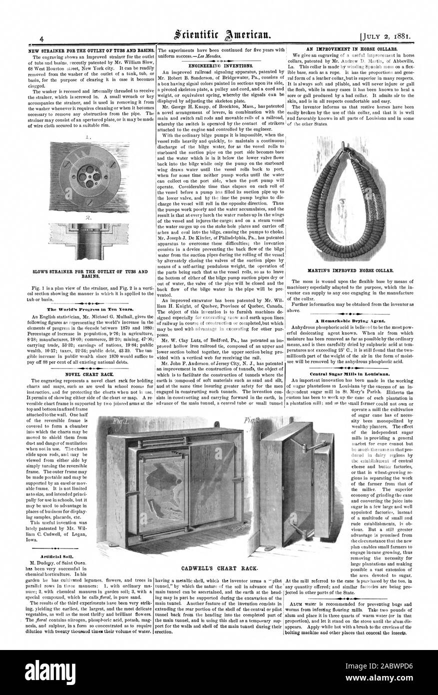 Succhieruola NUOVA PER L'uscita di vasche e bacini. BASI NS. Il mondo i progressi in dieci anni. Romanzo grafico rack. Terreno artificiale. CADWELL grafico del rack. Un miglioramento a cavallo di collari. Un notevole Agcnt essiccazione. Centrale di zuccherifici in Louisiana. -Alb .4 - Ingegneria invenzioni., Scientific American, 1881-07-02 Foto Stock