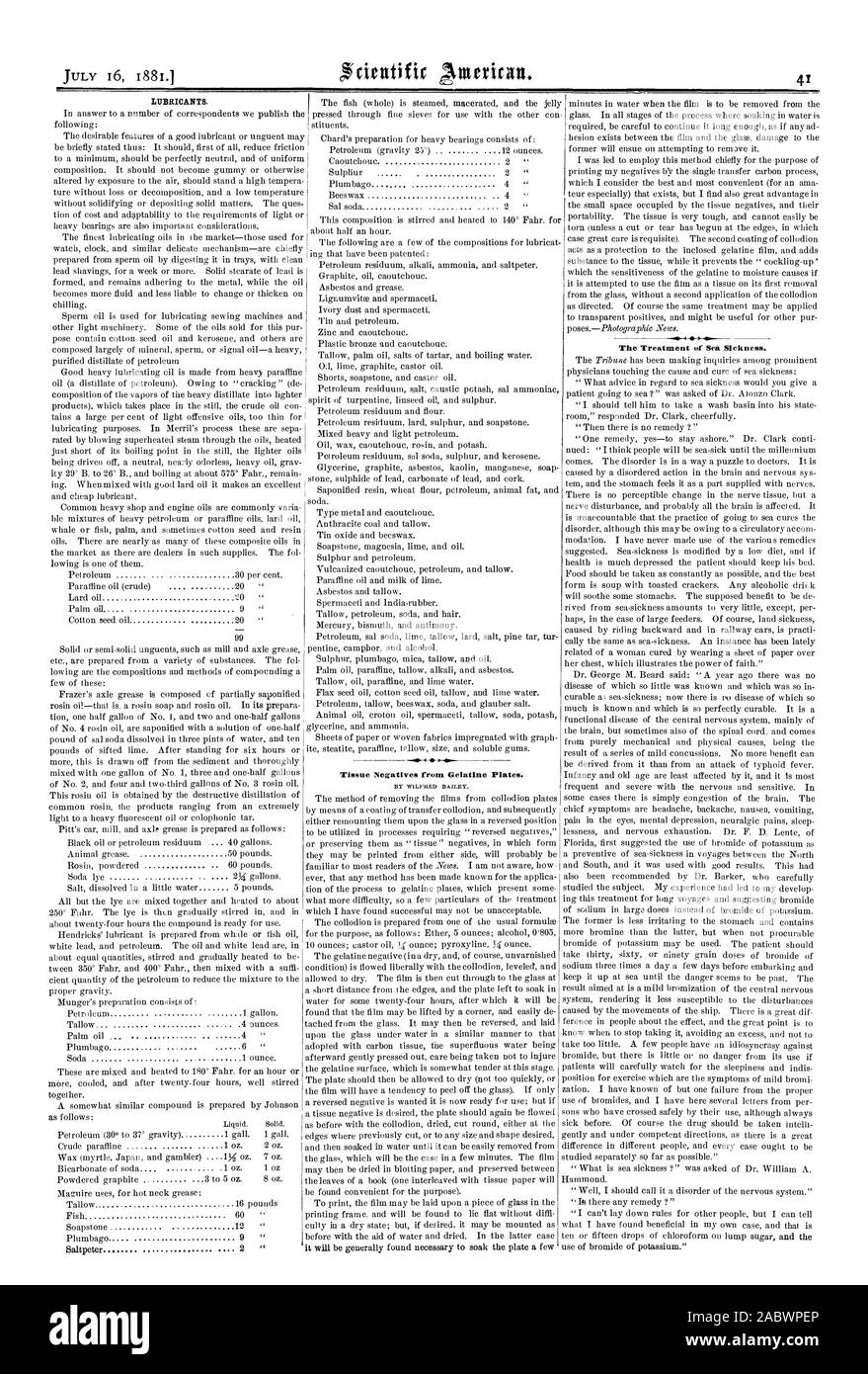 Il tessuto negativi da piastre di gelatina. Il trattamento della malattia del mare., Scientific American, 1881-07-16 Foto Stock
