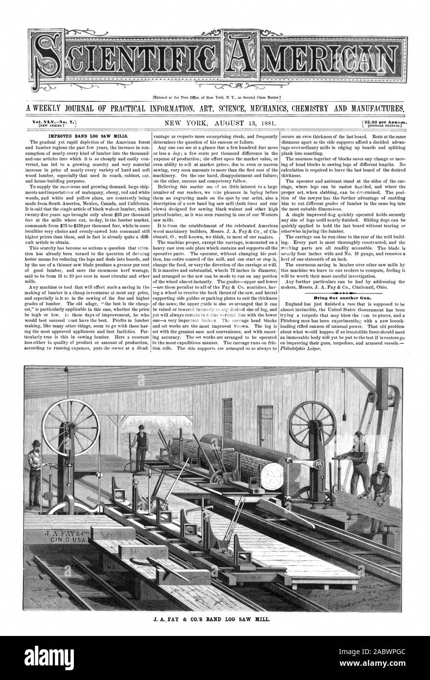 Un giornale settimanale di informazioni pratiche arte scienza meccanica e chimica produce. Vol. XLVNo. 7.1 Migliorato Log BAND SAW MILLS. Portare fuori un altro fucile., Scientific American, 1881-08-13 Foto Stock