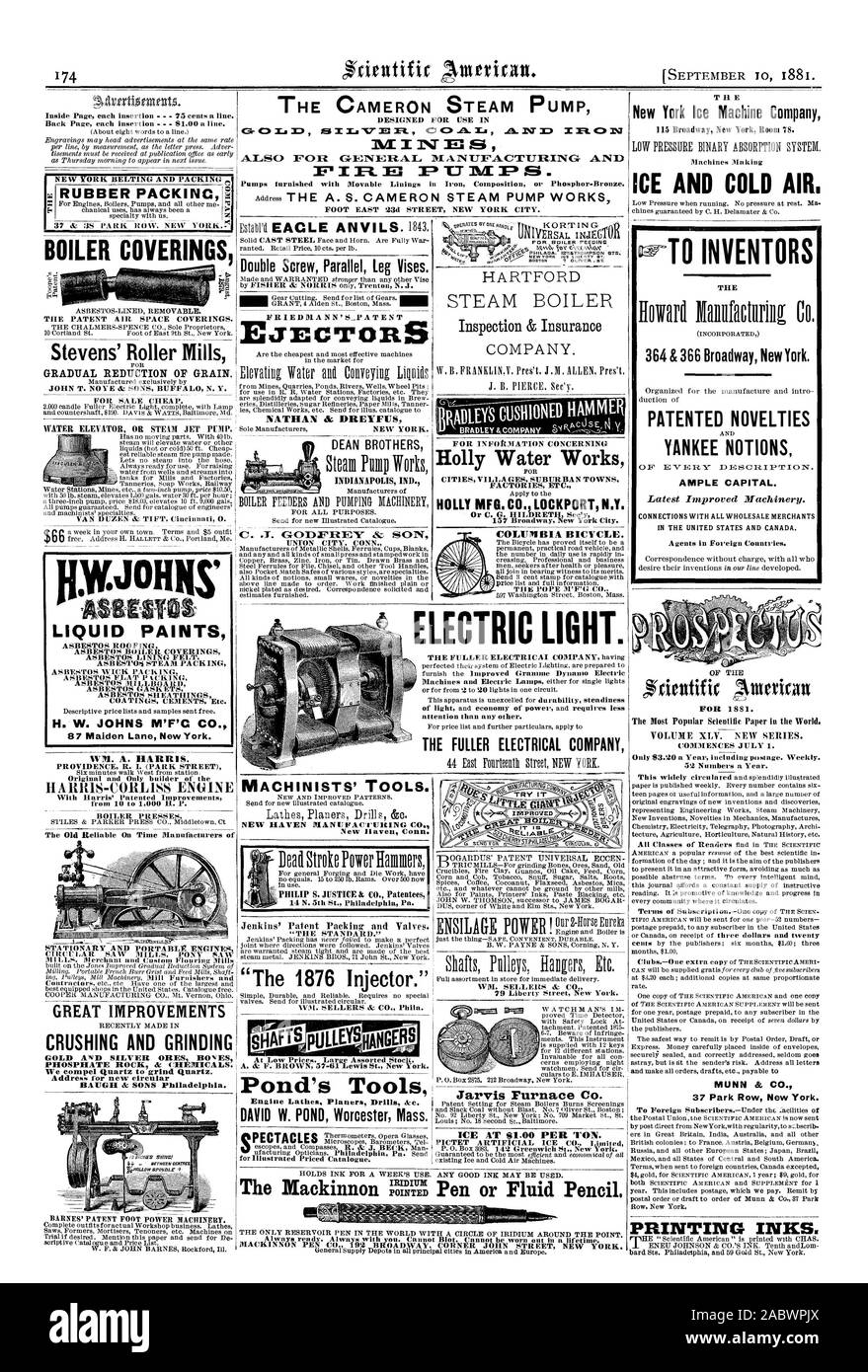 Ac Co. per illustrato catalogo e listino prezzi. Luce elettrica. attenzione rispetto a qualsiasi altra. Il Fuller società elettrica INDIANAPOLIS IND. NATHAN di; DREYFUS C. Al% Gl013F21( .Sz figlio UNTON CITTÀ CONN. Vite doppia gamba parallele morse. FRIEDDIA NN è  BREVETTO WM. I VENDITORI & CO. Phila. TIQOGARDUS' brevetto BOGEN universale WM. I VENDITORI & CO. Ghiaccio a 81.00 PER TONNELLATA. [10 settembre 1881. T H E New York macchina del ghiaccio Azienda I1S Broadway New York Sala 78. Ghiaccio e aria fredda. T1IE 364 & 366 Broadway New York. Novità brevettata yankee nozioni ampio capitale. Ultime macchine migliorate. Collegamenti con tutto il commercio all'ingrosso Foto Stock