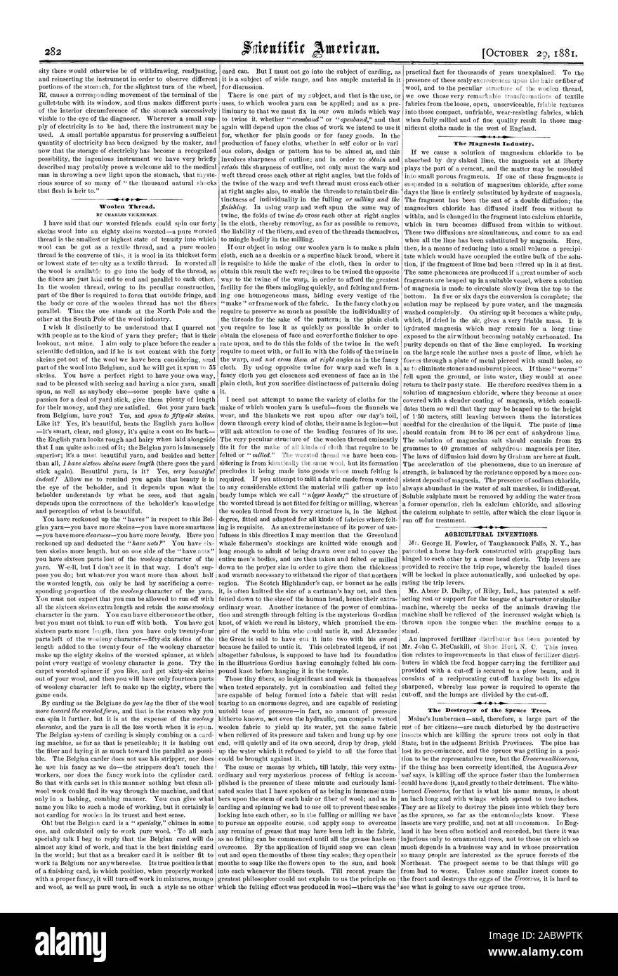 Filo di lana. Da CHARLES VICRERMAN. L'industria di Magnesia. Invenzioni agricoli. Il Distruttore di abeti., Scientific American, 1881-10-11 Foto Stock