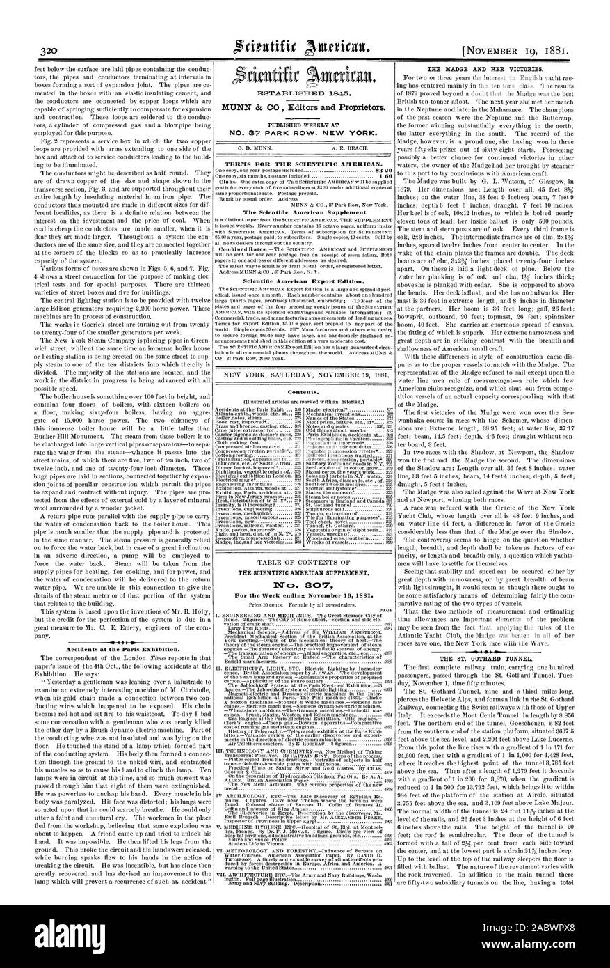 Incidenti all'Esposizione di Parigi. A1UNN & CO Editori e proprietari. Il Scientific American Supplement Scientific American edizione di esportazione. Contenuto. Il Scientific American supplement. Per la settimana che termina il 19 novembre 1881. La MADGE e sue vittorie. Il ST. Gottardo. Termini per la Scientific American., 1881-11-19 Foto Stock