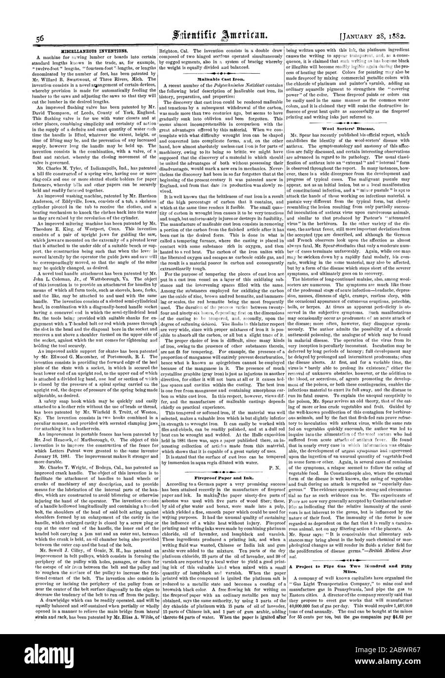 Accessori di ghisa malleabile, ignifughi di carta e inchiostro. Varie invenzioni. o miglia., Scientific American, 1882-01-28 Foto Stock