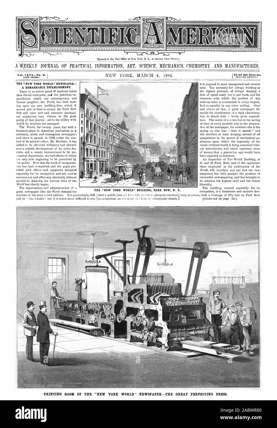 Il 'NEW YORK WORLD' giornale una notevole creazione. Sala stampa del "NEW YORK WORLD' NEWSPAPERTHE GRANDE MFECTING PREMERE IL TASTO 'NEW YORK WORLD BUILDING PARK ROW N. Y., Scientific American, 1882-03-04 Foto Stock