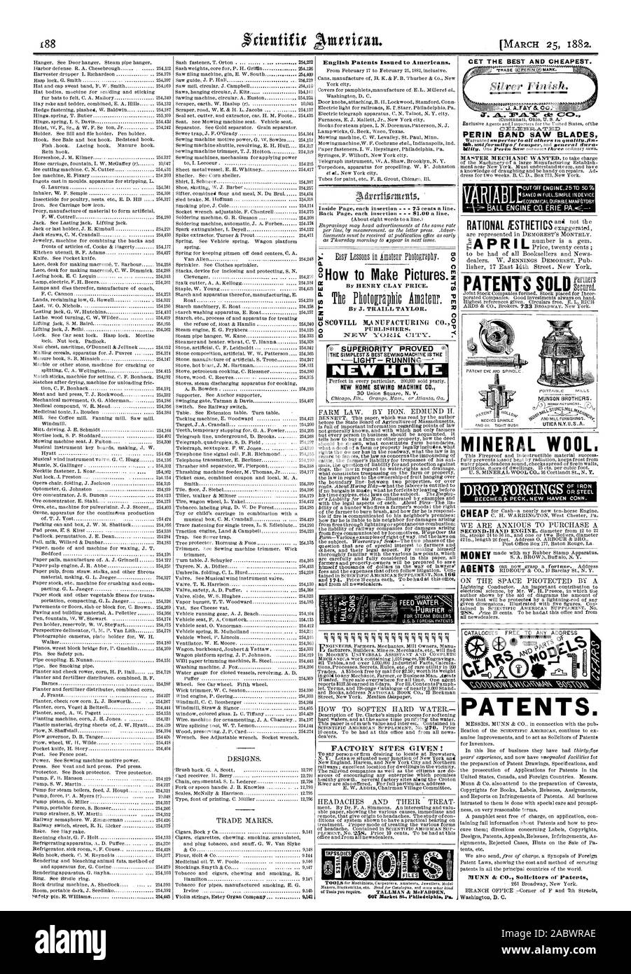 Inglese i brevetti rilasciati per gli americani. W da Henry Clay prezzo. ui NUOVA CASA NUOVA CASA MACCHINA DA CUCIRE CO. CET il migliore e più conveniente. Siti di fabbrica dato! La lana minerale. ellitISEEM TIC ?P' PERIN lame per seghe a nastro razionale )estetica eaziggneortatlte2de brevetti. Washington D. C., Scientific American, 1882-03-25 Foto Stock