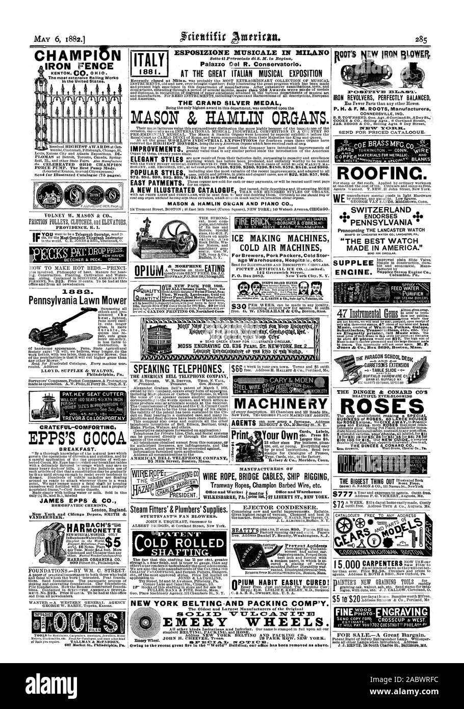 Il DINCEE CONARD & CO. HARDWARE BUFFALO C° SWAN ST. BUFFALO N.Y. Parlando dei telefoni. Il AAIERICAN BELL TELEPHONE COMPANY AMERICAN BELL TELEPHONE COMPANY 95 Milk Street Boston Massachusetts Macchinari nascondiglio UN CO.10 Barclay San N. Y. ETICHETTE Carte di dimensioni maggiori di 8 dollari. 18 altre dimensioni per motivi aziendali Prin agenti produttori di filo di corda cavi ponte nave RIGGING Tram campione le funi di filo spinato etc. NEW YORK BELTINC.E PACKINC COIVIP'Y. Le più antiche e più grandi produttori dell'originale mole smeriglio., Scientific American, 1882-05-06 Foto Stock