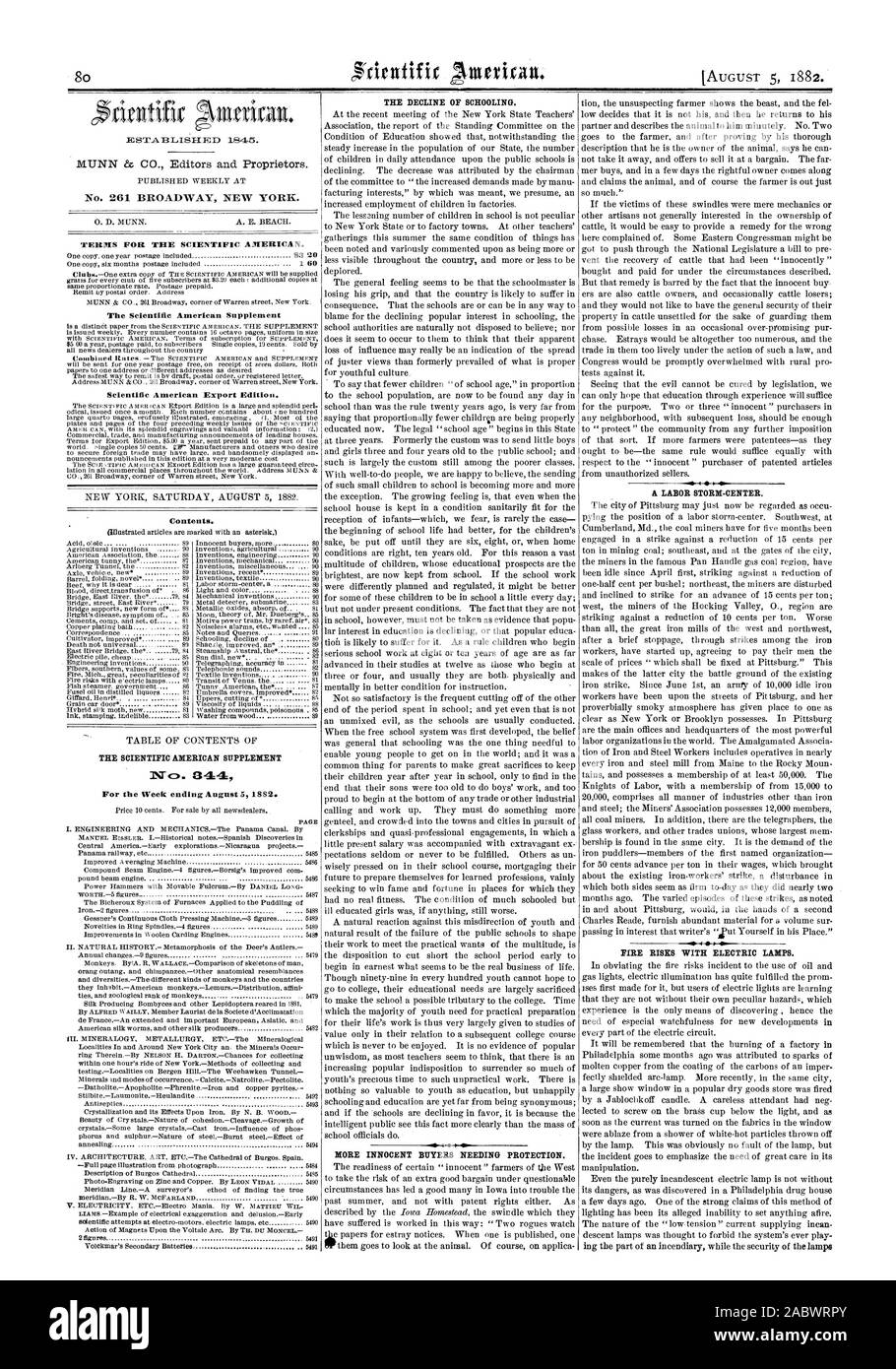 Stabilito 1845. Settimanale pubblicata al n. 201 Broadway New York. 0. D. MUNN. A. E. BEACH. Termini per la Scientific American. Il Scientific American Supplement Scientific American edizione di esportazione. Contenuto. Il Scientific American supplemento n. 844 Il declino della scolarizzazione. Più innocente di acquirenti che richiedono protezione. Rischi di incendio con lampade elettriche., 1882-08-05 Foto Stock Stabilito 1845. Settimanale pubblicata al n. 201 Broadway New York. 0. D. MUNN. A. E. BEACH. Termini per la Scientific American. Il Scientific American Supplement Scientific American edizione di esportazione. Contenuto. Il Scientific American supplemento n. 844 Il declino della scolarizzazione. Più innocente di acquirenti che richiedono protezione. Rischi di incendio con lampade elettriche., 1882-08-05 Foto Stock