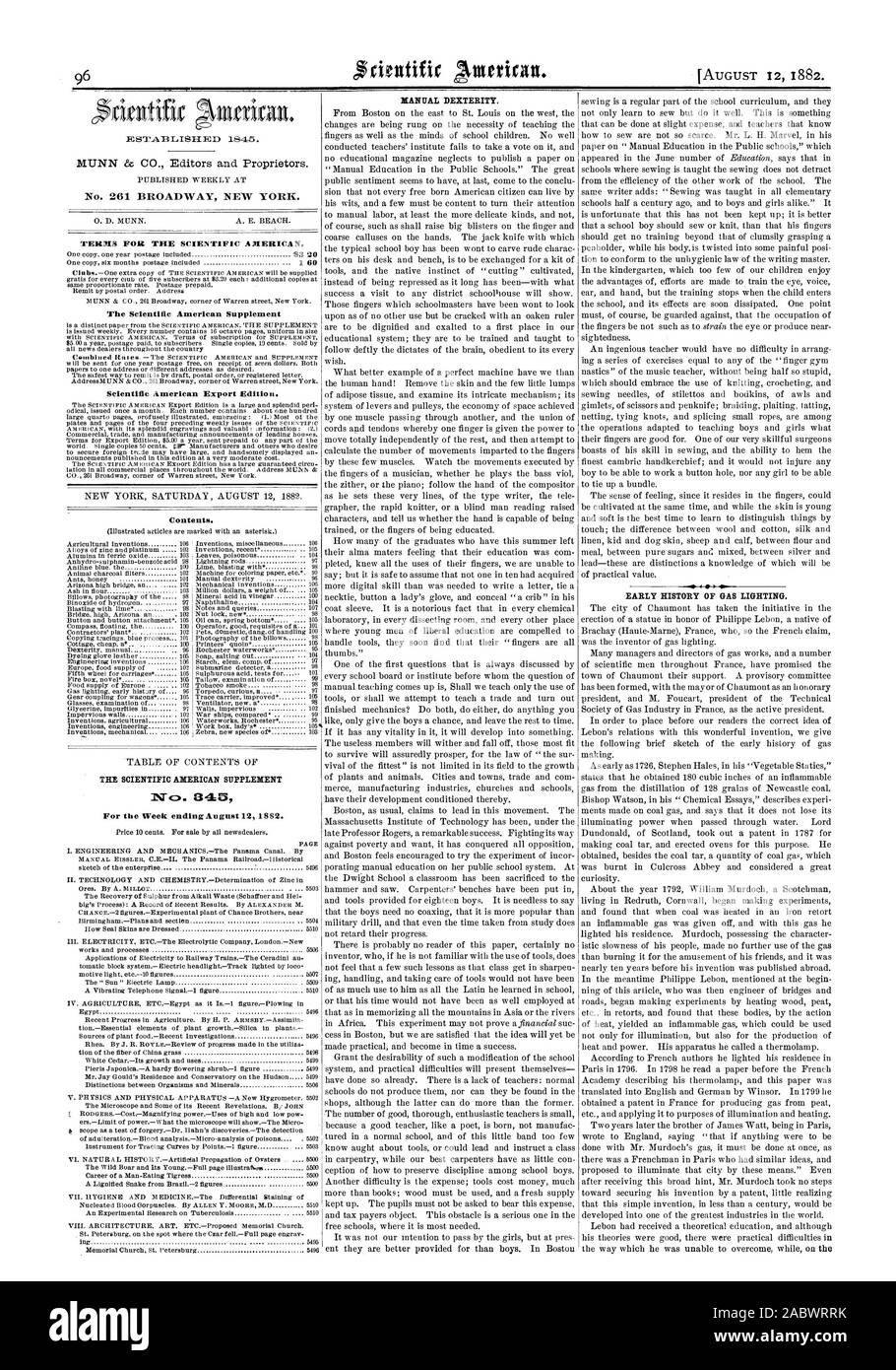 Settimanale pubblicata al n. 261 Broadway New York. 0. D. MUNN. A. E. SPIAGGIA. l'egli Scientific American Supplement Scientific American edizione di esportazione. La destrezza manuale. La storia delle origini di illuminazione a gas. Contenuto. Il Scientific American supplemento N. 845 per la settimana che termina il 12 agosto 1882., 1882-08-12 Foto Stock