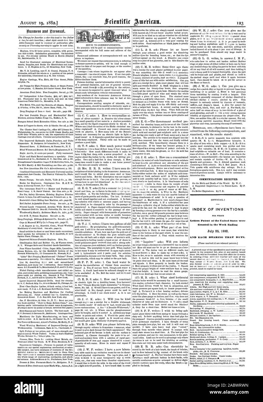 Comunicazioni ricevute. Indice delle invenzioni lettere di Brevetto degli Stati Uniti sono stati accordati nel corso della settimana Endinc Luglio 25 1882 e ogni cuscinetto che data., Scientific American, 1882-08-19 Foto Stock