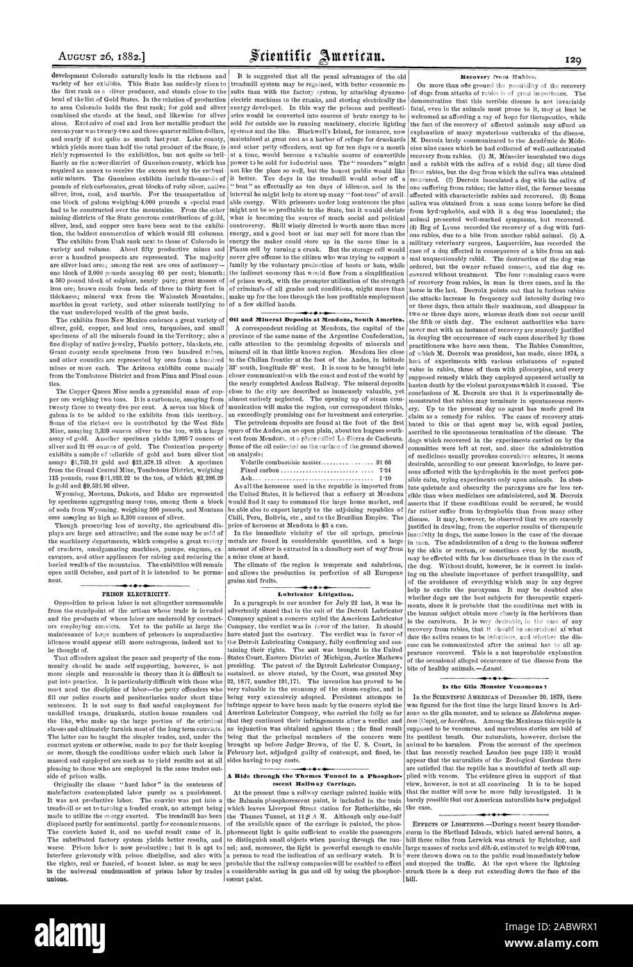 Il carcere di elettricità. Olio e depositi di minerali a Mendoza America del Sud. Lubrificatore del contenzioso. Un viaggio attraverso il Thames tunnel in un fosforo. Bagni eseent ay carrello. Il recupero dalla rabbia. È il Gila Monster i velenosi, Scientific American, 1882-08-26 Foto Stock