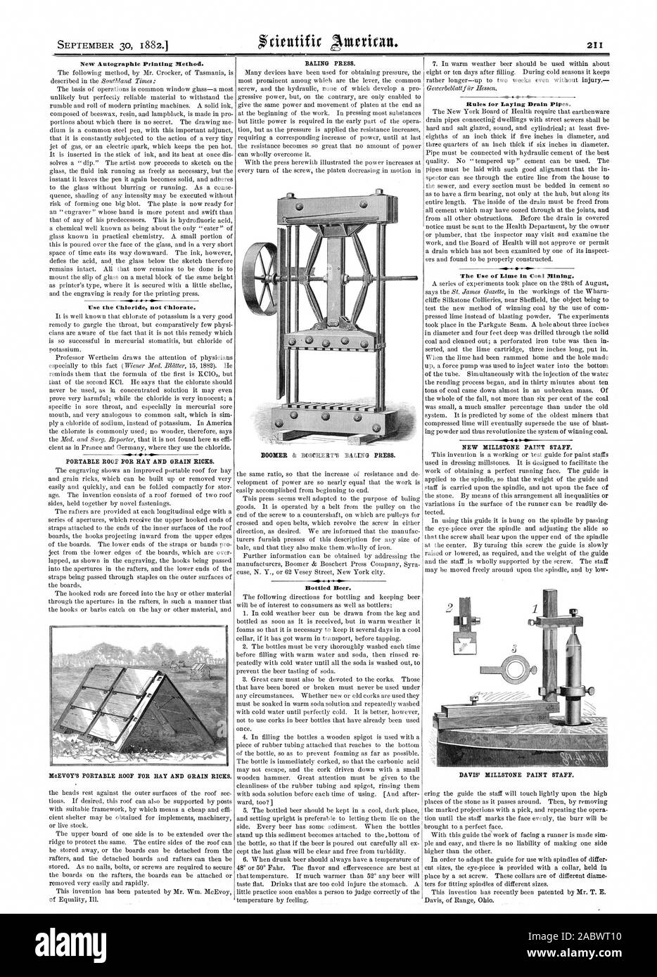 Nuovo autografe Metodo di stampa. Utilizzare il cloruro non clorato. Tetto portatile per il fieno e i cereali RICKS. McEVOY portatile del tetto per il fieno e i cereali RICKS. Pressa imballatrice. BOOMER & BOSOHERT la Pressa imballatrice. Le bottiglie di birra. Regole per la posa di tubazioni di scarico. L'uso della calce nelle miniere di carbone. Nuova vernice macina personale. DAVIS' macina personale di vernice, Scientific American, 1882-09-30 Foto Stock