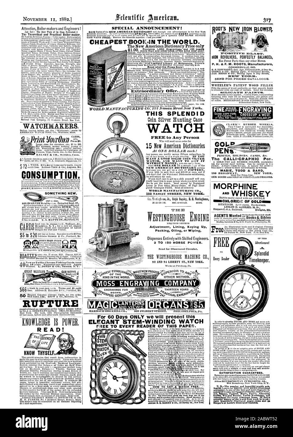 Annuncio speciale! CHEAPESTMOOK nel mondo. Questa splendida medaglia di argento case di caccia guardare gratuitamente a qualsiasi persona che desidera una buona solida moneta argento GUARDA E DESIDERA OTTENERE 'WORLD MANUFACTURING CO' fodera di regolazione Keying fino imballaggio oliatura o tergi 2 A 150 CAVALLI. MOSS AZIENDA INCISIONE ANTER I%. ▪ GANS:t$5. MA PER 60 GIORNI SOLO presenteremo questo ELECANT stelo-WINDINC guardare gratuitamente per ogni lettore di questa carta il teorico e pratico caldaia-maker. Orologiai. rintYourOn consumo. SOMETHINC NUOVO. La rottura di leggere! P. H. & F. M. RADICI PRODUTTORI WHEELER DI BREVETTO di riempimento legno penne il Foto Stock