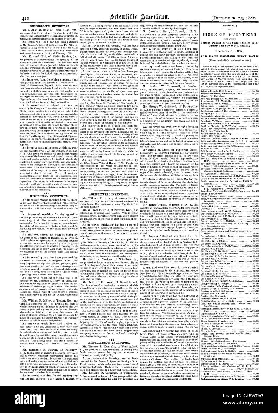 Indice delle invenzioni lettere di Brevetto degli Stati Uniti sono state concesse per il fine settimana e ogni allevamento che data., Scientific American, 1882-12-11 Foto Stock