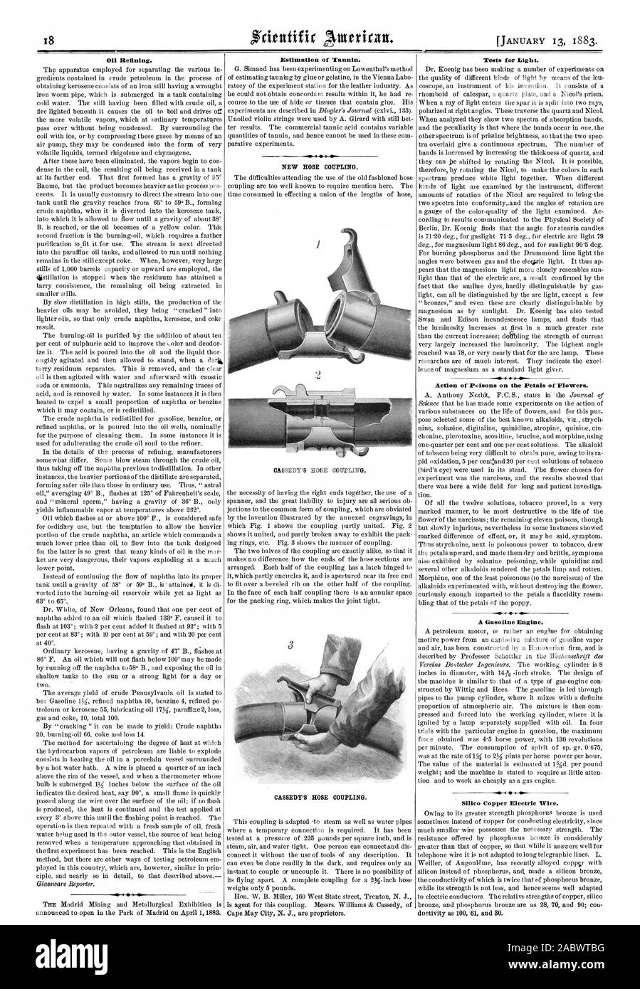 Raffinazione del petrolio. Stima del tannino. Le prove per la luce. Azione di veleni sulla petali di fiori. Un motore a benzina. Silico di rame del filo elettrico., Scientific American, 1883-01-13 Foto Stock