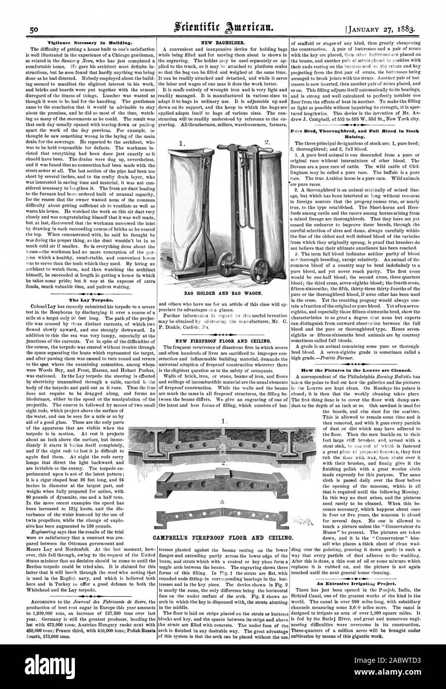 La vigilanza necessaria nell'edificio. Il Siluro laici. Porta sacco sacco e carro. Nuovo ignifughi a pavimento e soffitto. Di pura razza purosangue e sangue intero in magazzino il sollevamento. Come le immagini del Louvre sono puliti. Un ampio progetto di irrigazione. CAMPBELL'S pavimento incombustibile e CEILIN G., Scientific American, 1883-01-27 Foto Stock