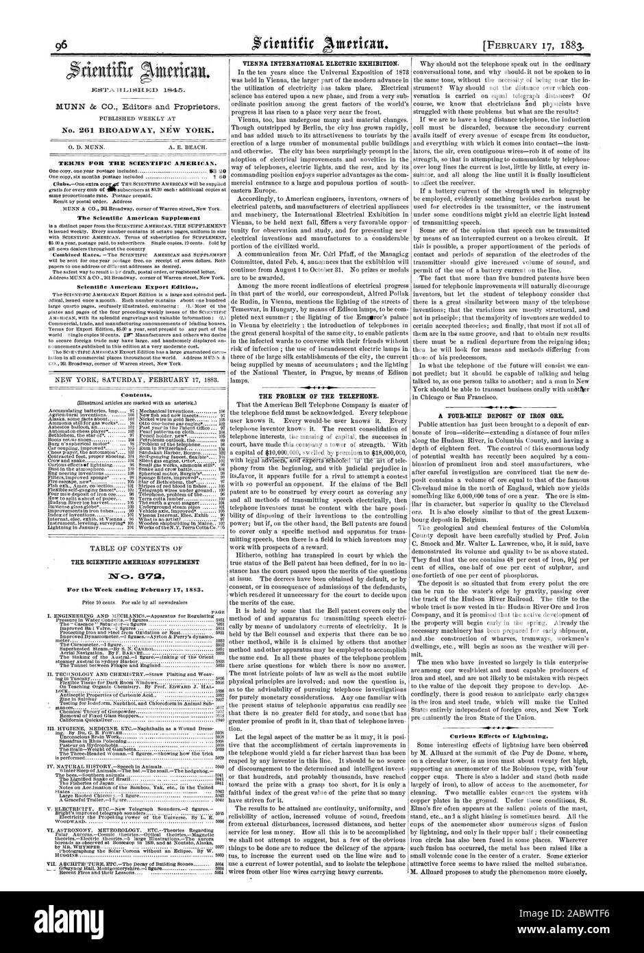 MUNN & CO. Editori e proprietari. No. 261 Broadway New York. 0. D. MUNN. A. E. BEACH. Termini per la Scientific American. Il Scientific American Supplement Scientific American edizione di esportazione. Contenuto. Il Scientific American SUPPLEMENT ATc:s. 870 per la settimana che termina il 17 febbraio 1883. VIENNA INTERNATIONAL ELECTRIC mostra. 4 0 41. Il problema del telefono. Curiosi effetti di fulmini., 1883-02-17 Foto Stock